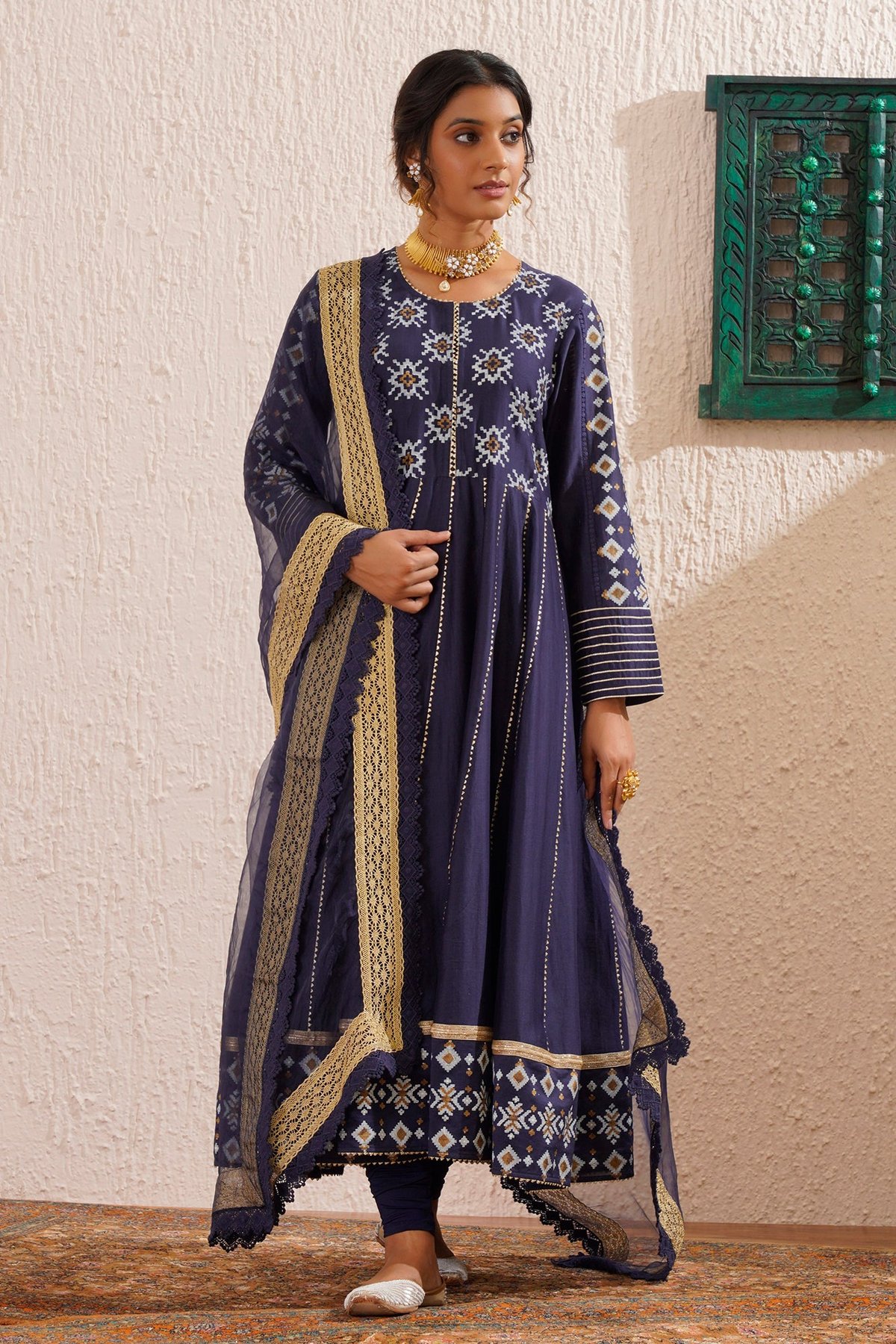 Block Printed Anarkali With Churidar & Dupatta