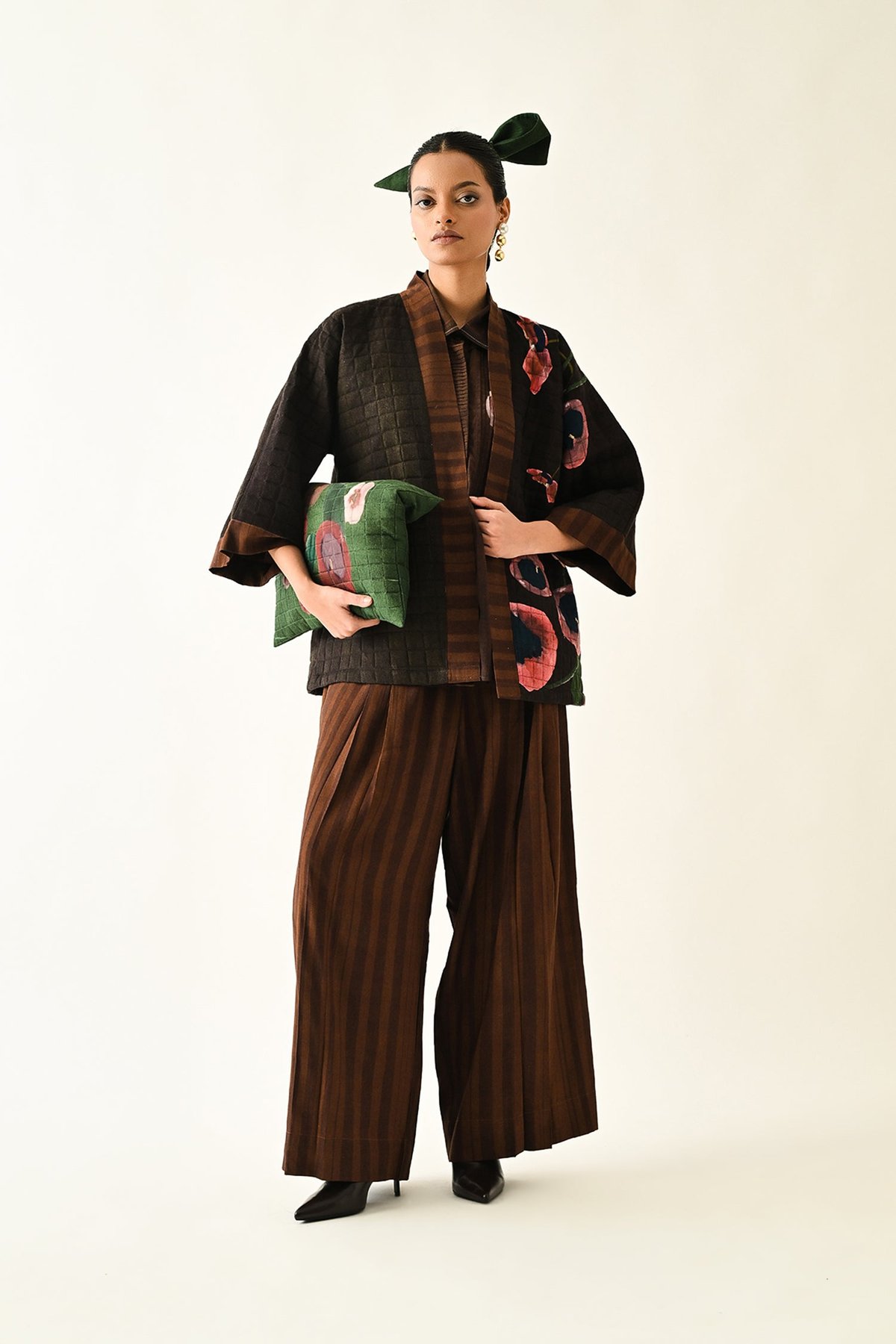 Brown Quilted Hand-Painted Floral Open-Front Jacket