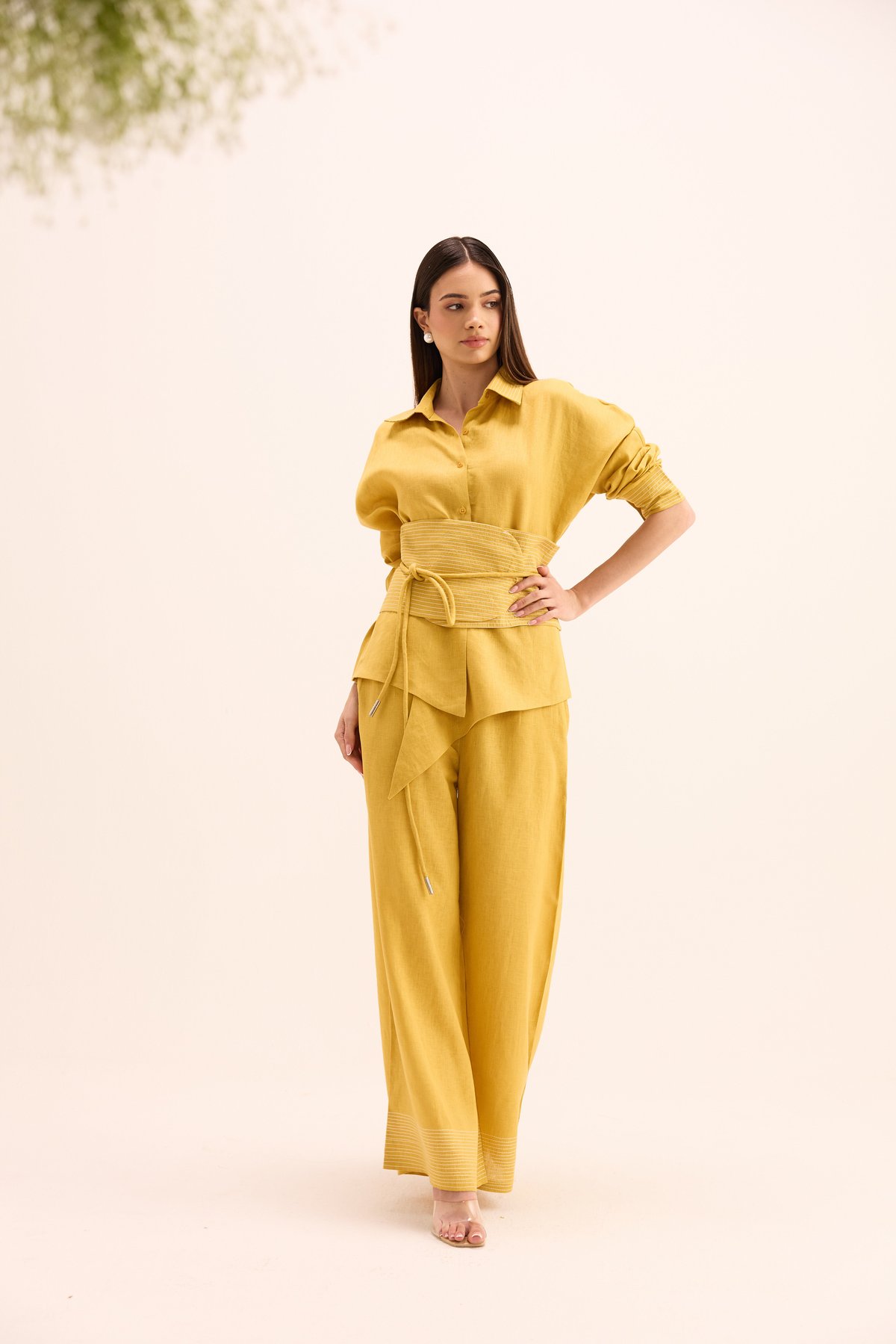 Ochre Yellow Linen Shirt and Flared Pants Co-ord Set