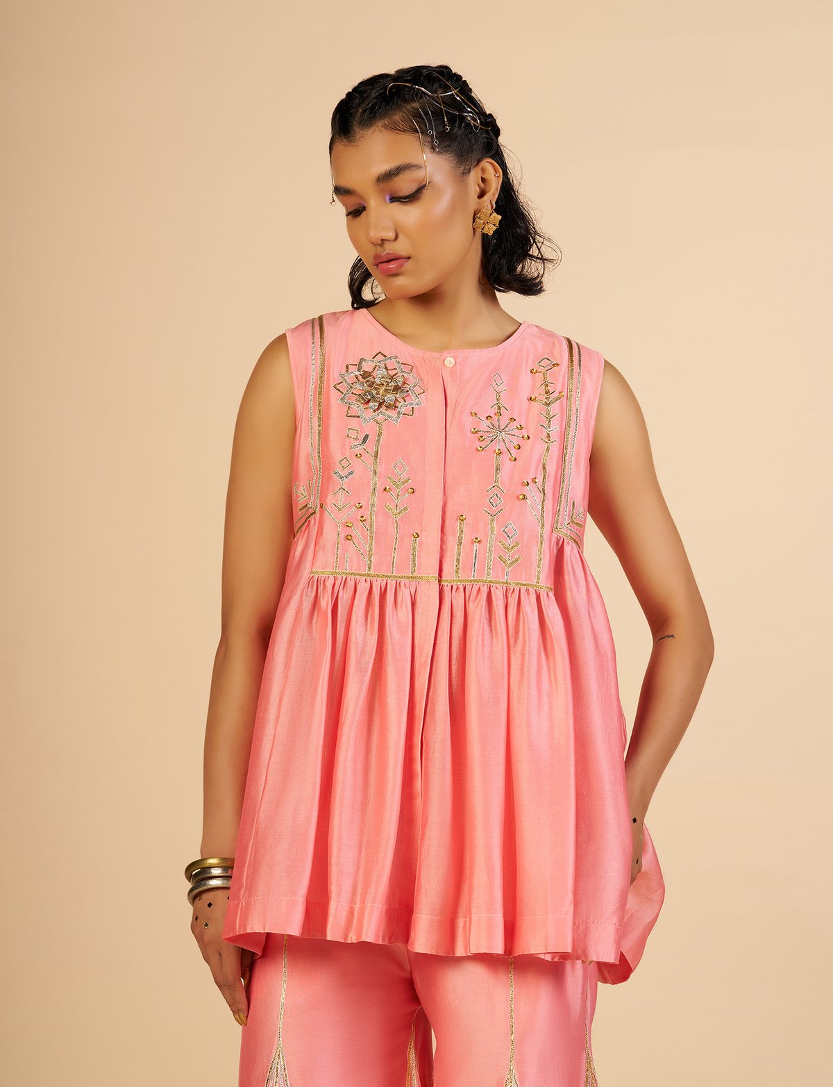 Pink Silk Chanderi Kedia Top with Gota and Sequin Yoke