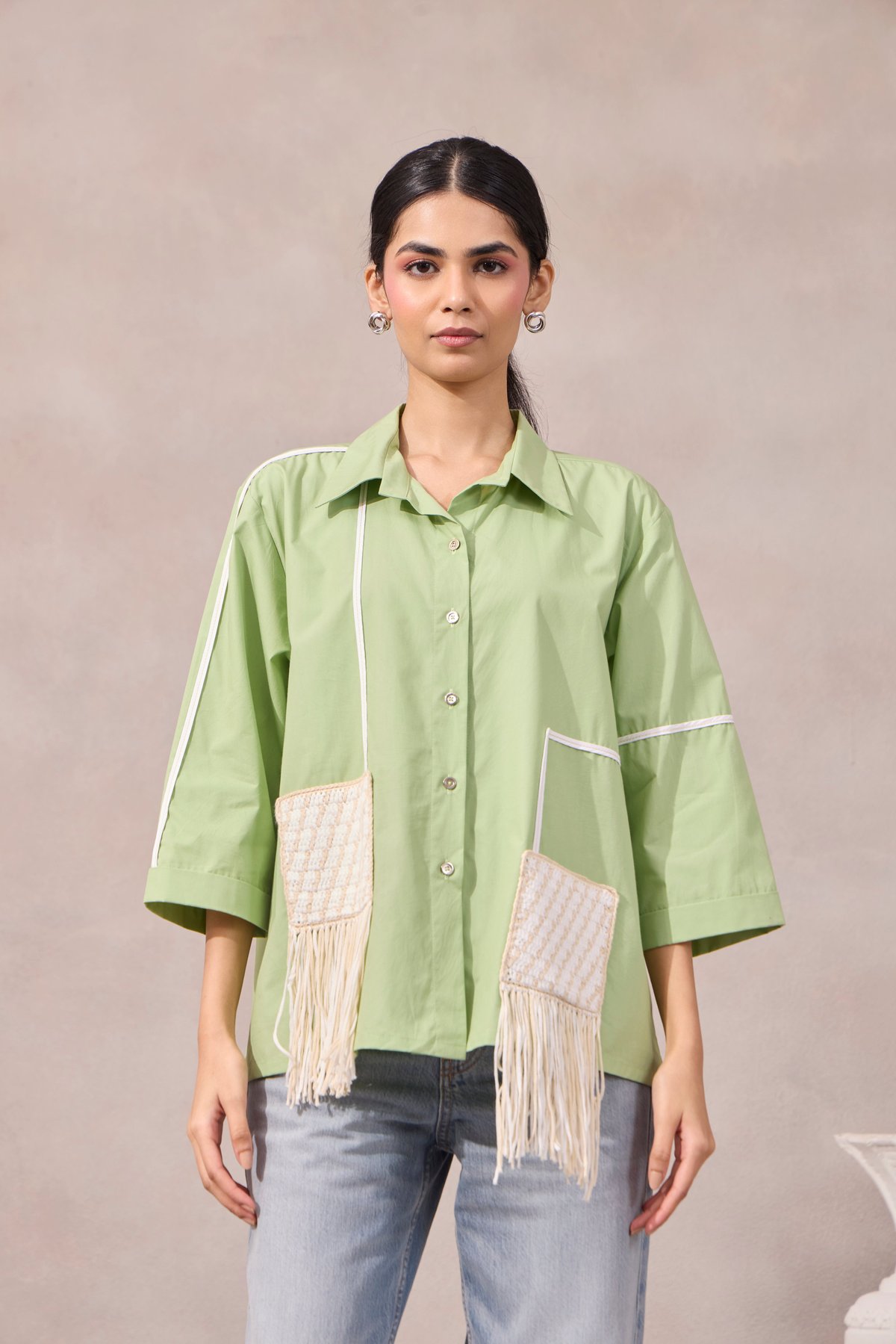 Foam Green Boxy Crop Shirt with Fringe Pocket Detail