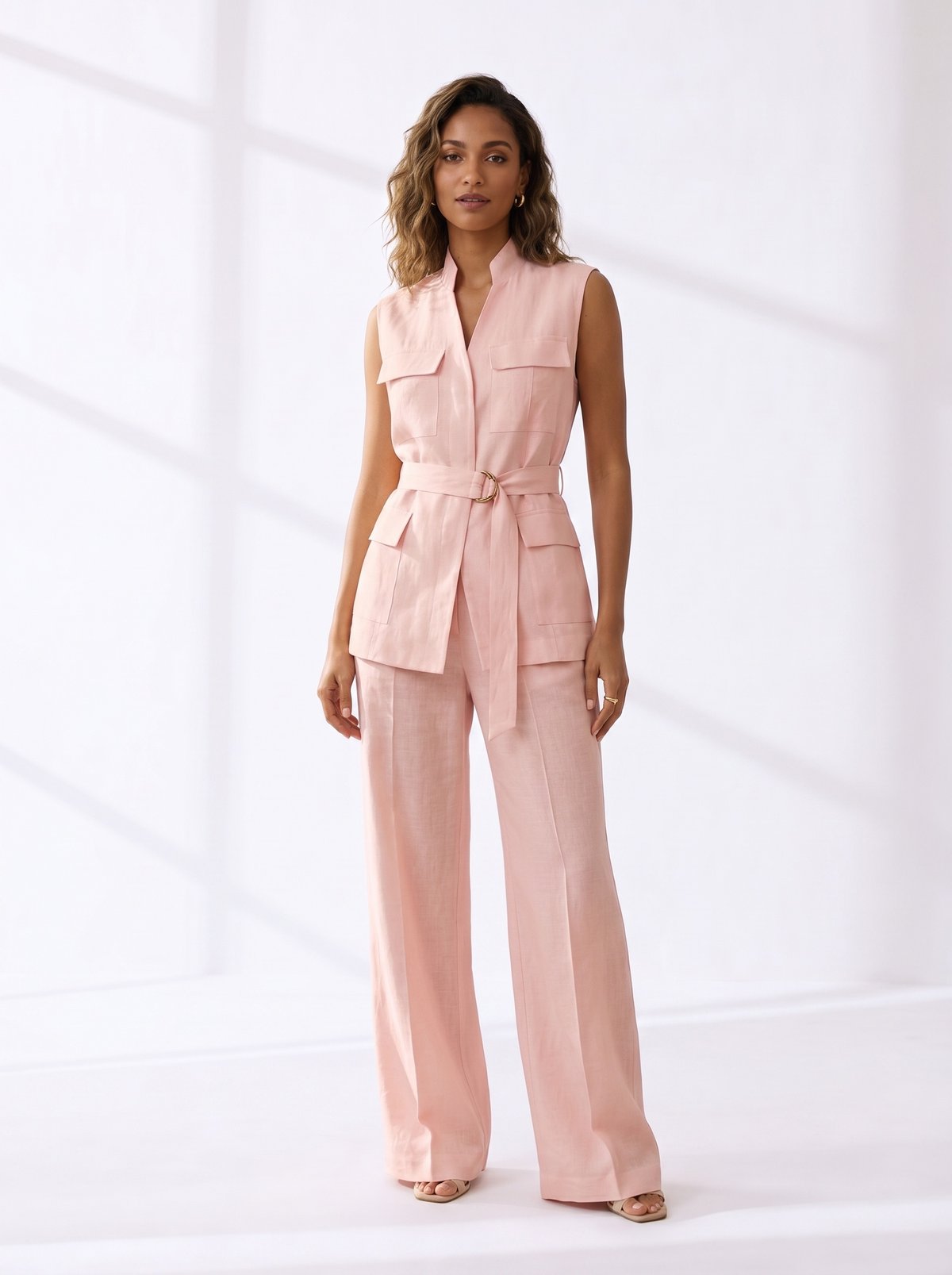 Linen Cordset Belted Waist Wide Leg Pant