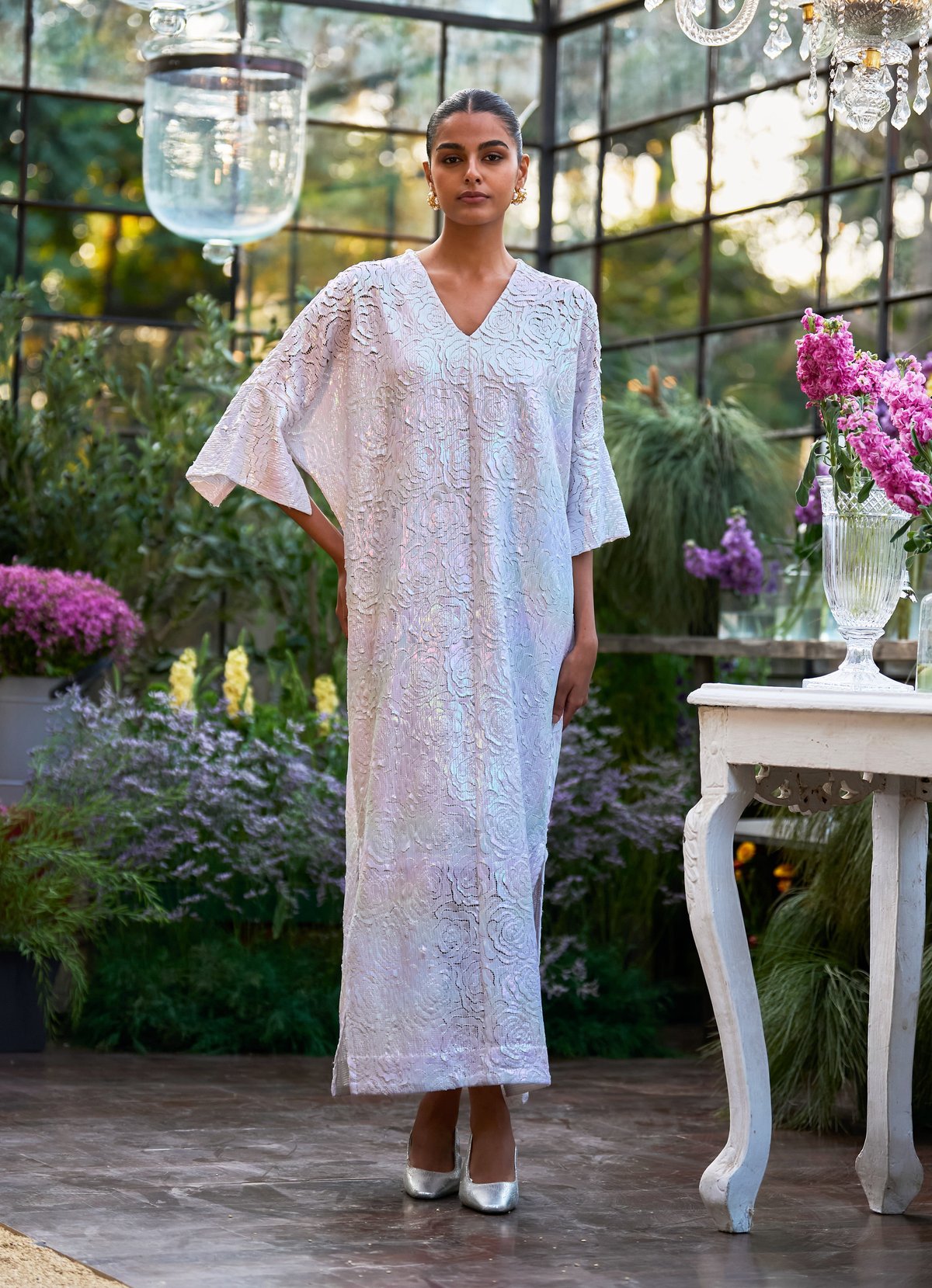 Ivory Iridescent Cutwork Lamé Maxi Kaftan Dress