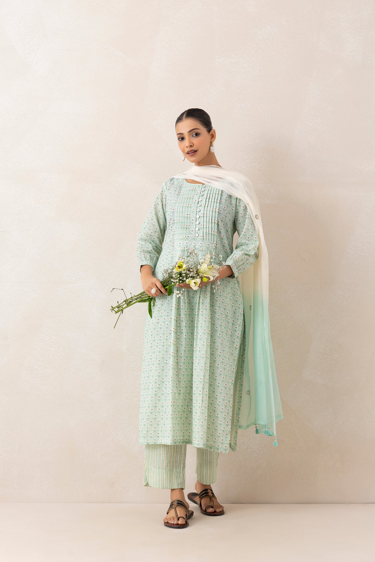 Mint Green Cotton Slub Printed Kurta Set with Dupatta
