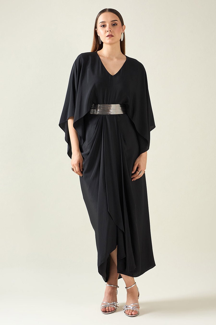 Black Draped Maxi Dress with Cape Sleeves and Metallic Belt