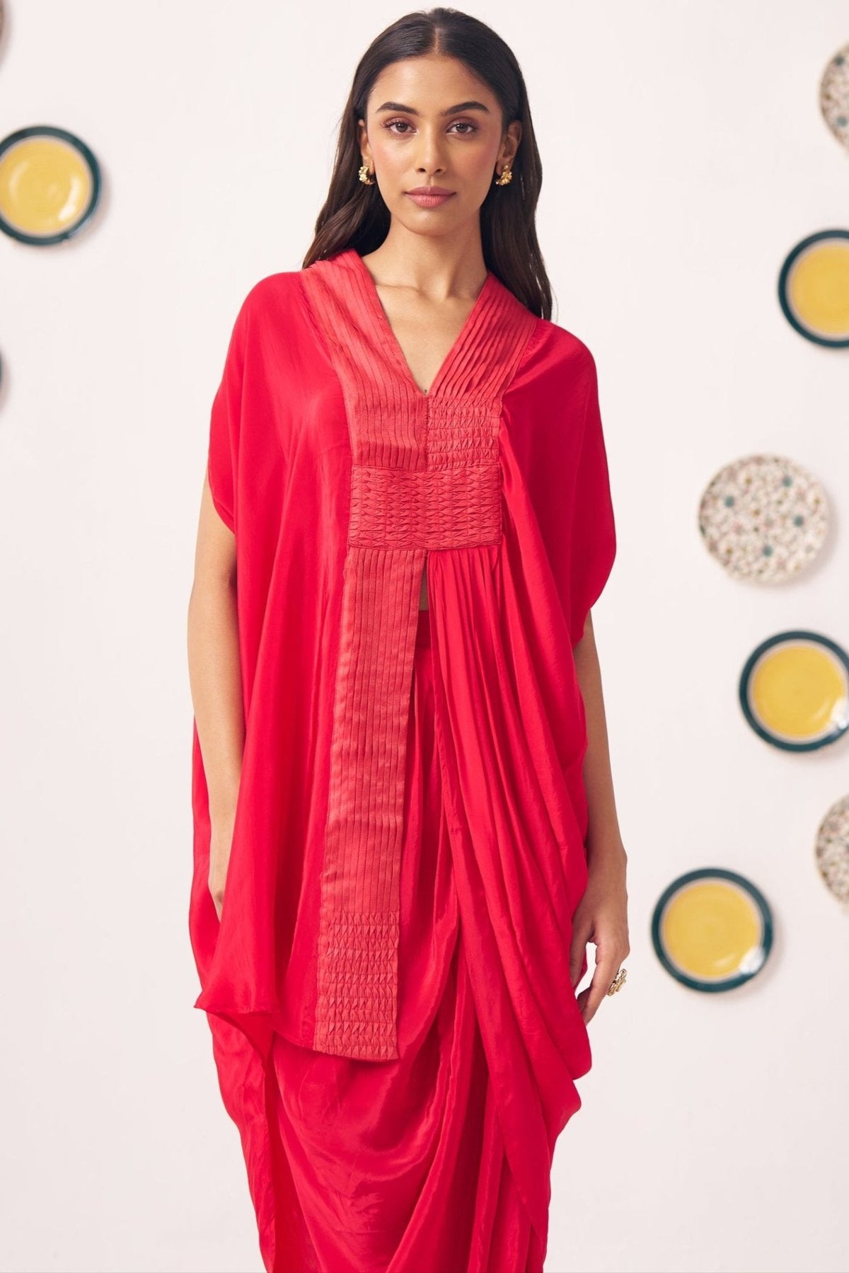 Red Shimmer Pleated V-Neck Oversized Kaftan
