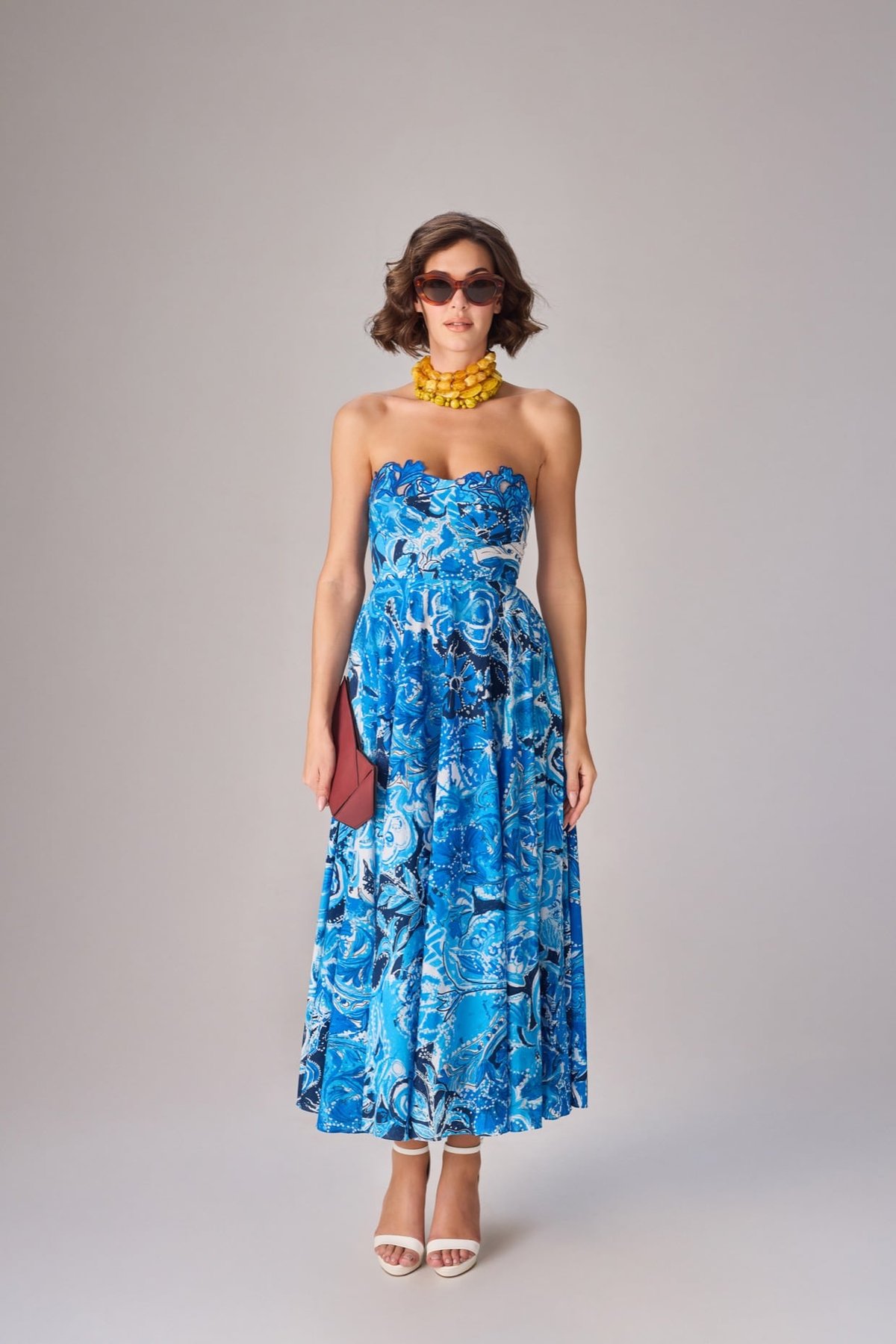 Blue Strapless Abstract Floral Print Midi Dress