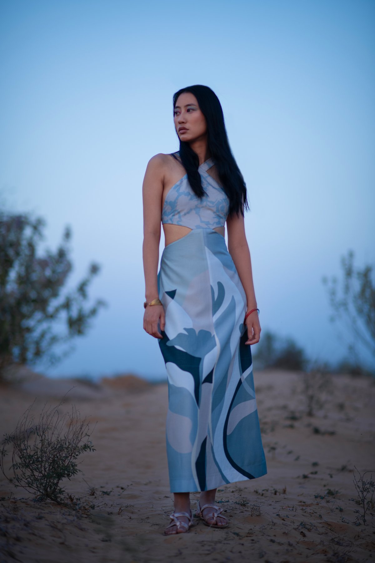 Grey Abstract Print Halter Midi Dress with Waist Cut-Outs