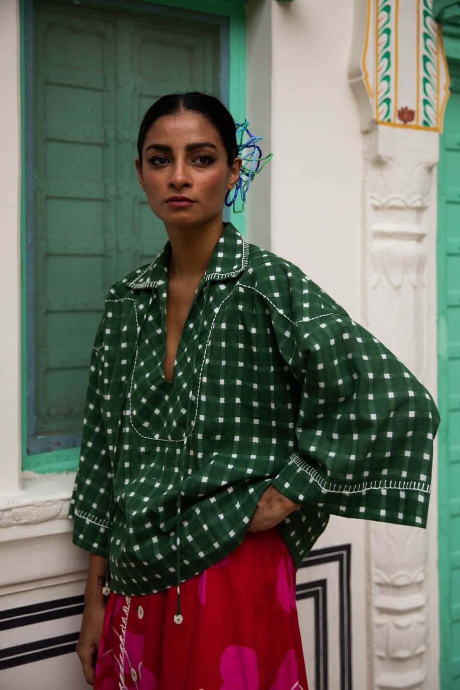 Green Checked Cotton Blouse with Tie-Up Collar