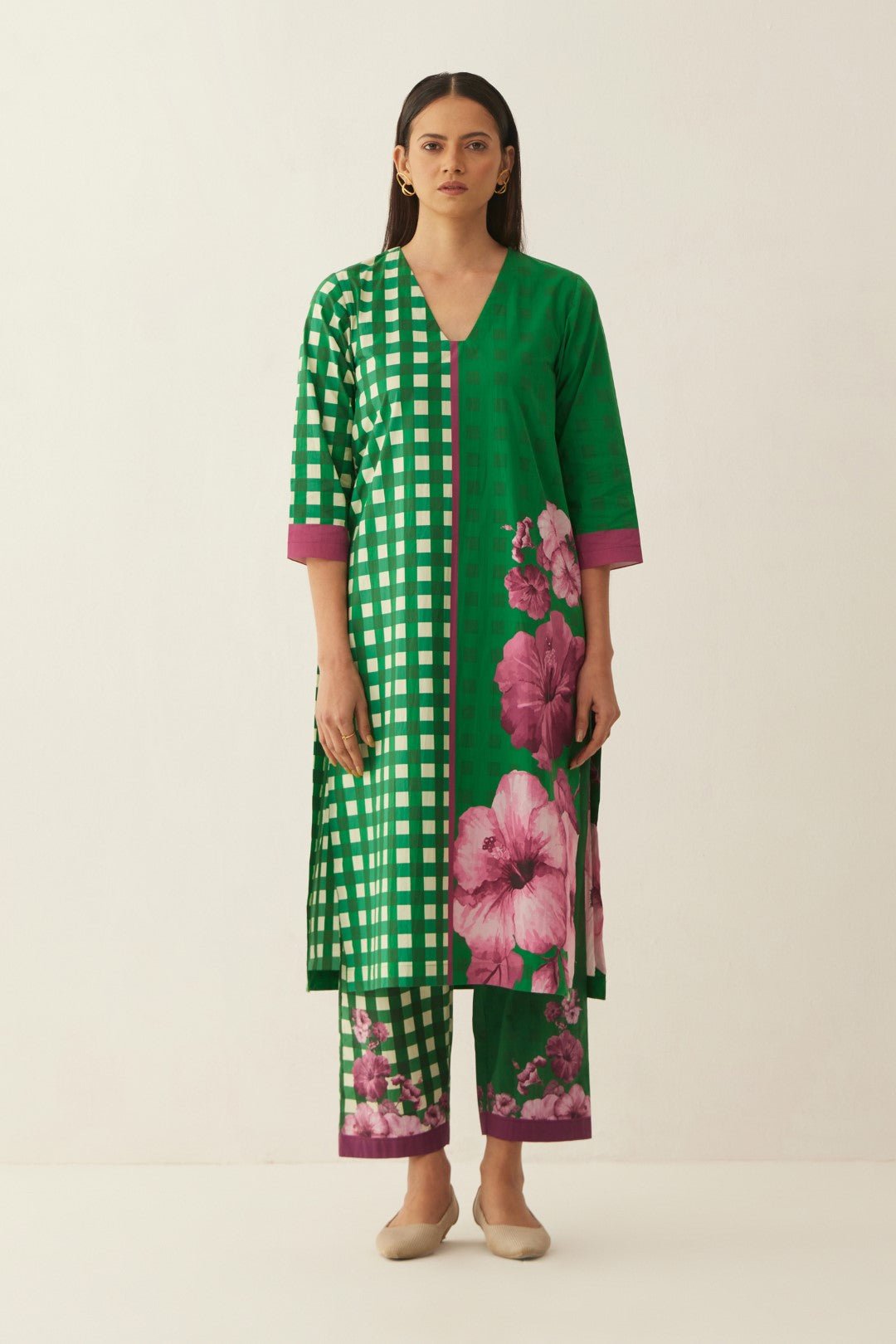 Green Cotton Gingham checks and floral co-ord set