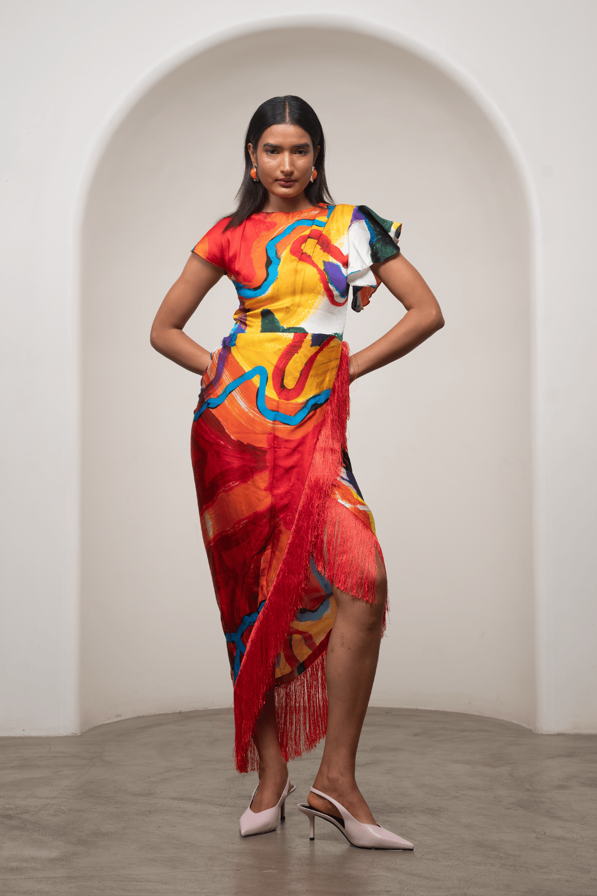 Multicolor Abstract Print Satin Fringe Midi Dress