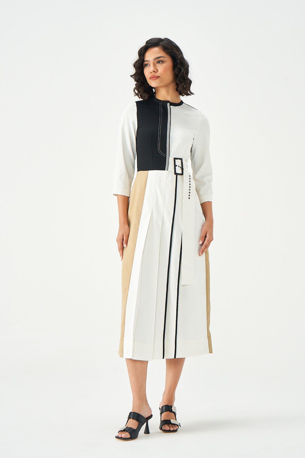 Black White Tan Colorblocked Belted Midi Dress