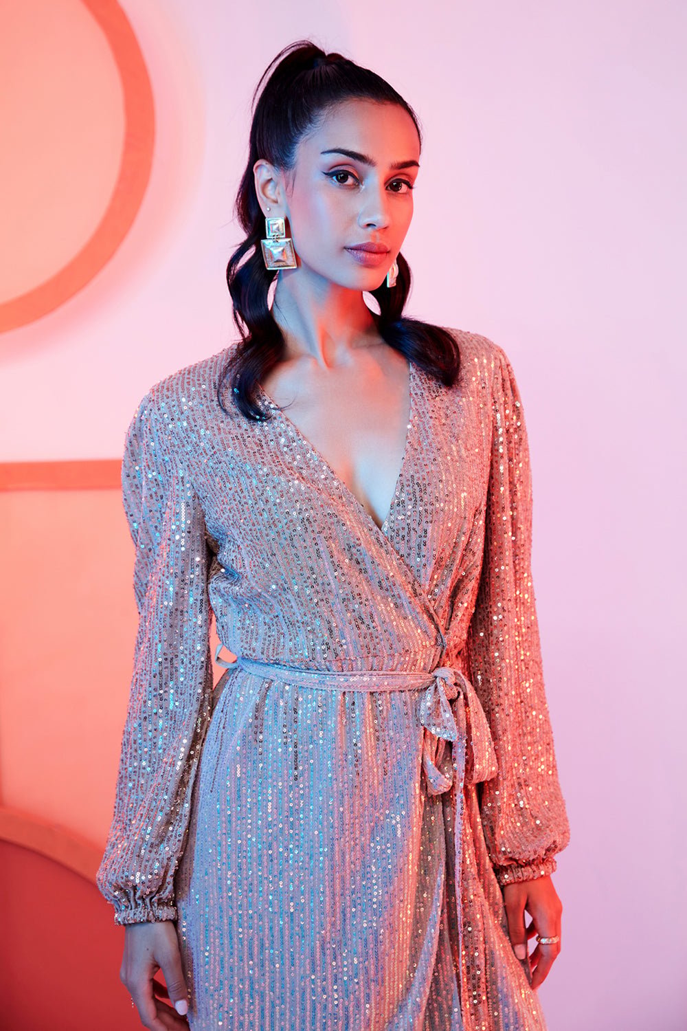 Silver Sequin Wrap Dress with Waist Tie and Full Sleeves