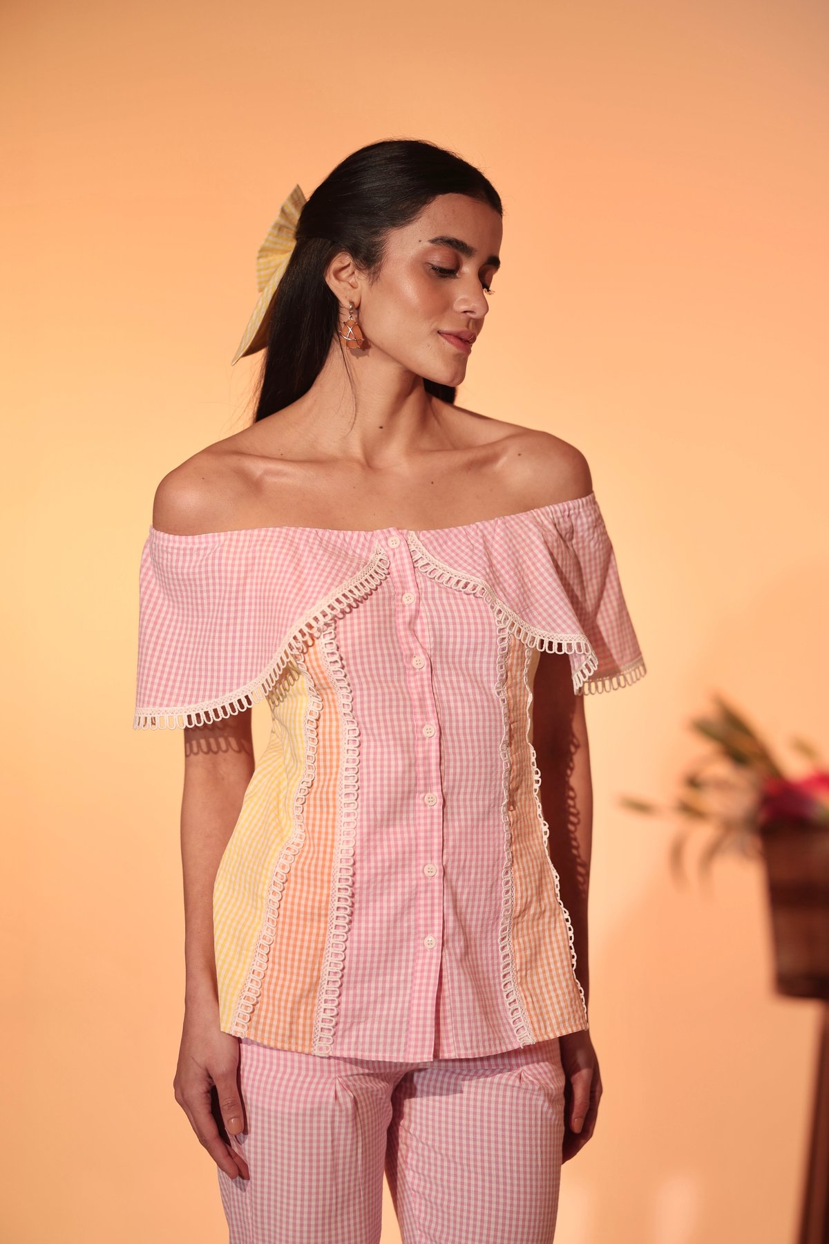Pastel Gingham Off-Shoulder Button-Front Lace Trim Top