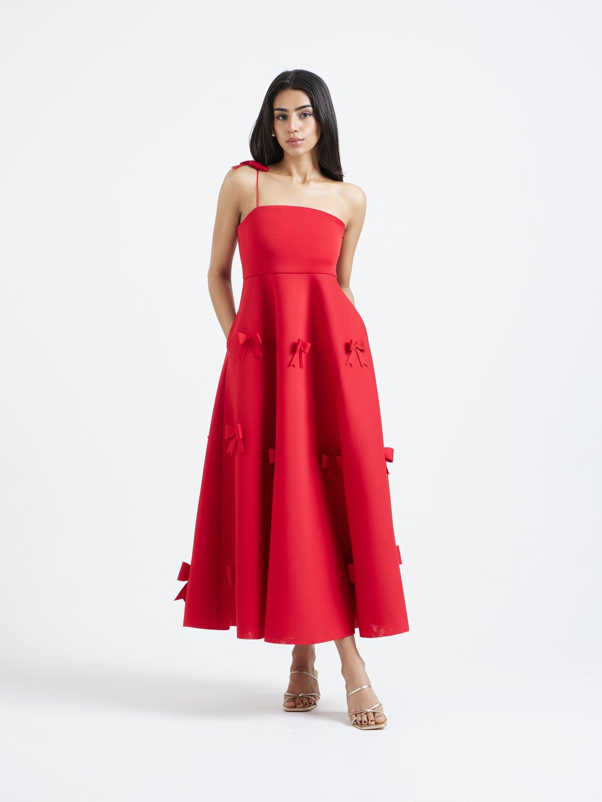 Red Fit and Flare Midi Dress with Bow Appliques