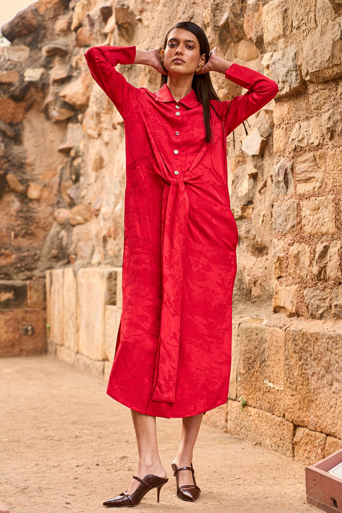 Red Tonal Jacquard Shirt Dress with Front Tie