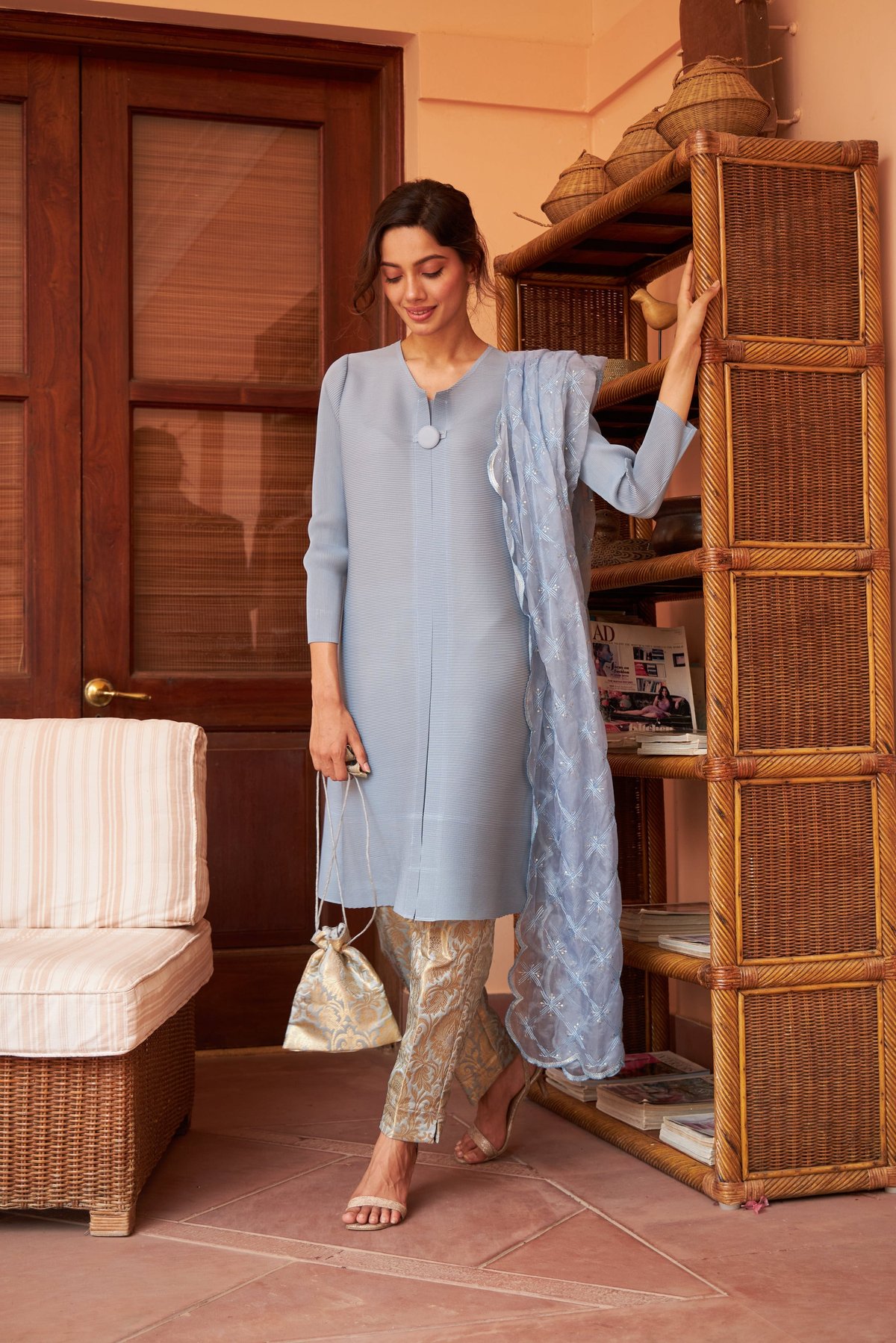 Pastel Blue Pleated Tunic and Brocade Pants Co-ord Set