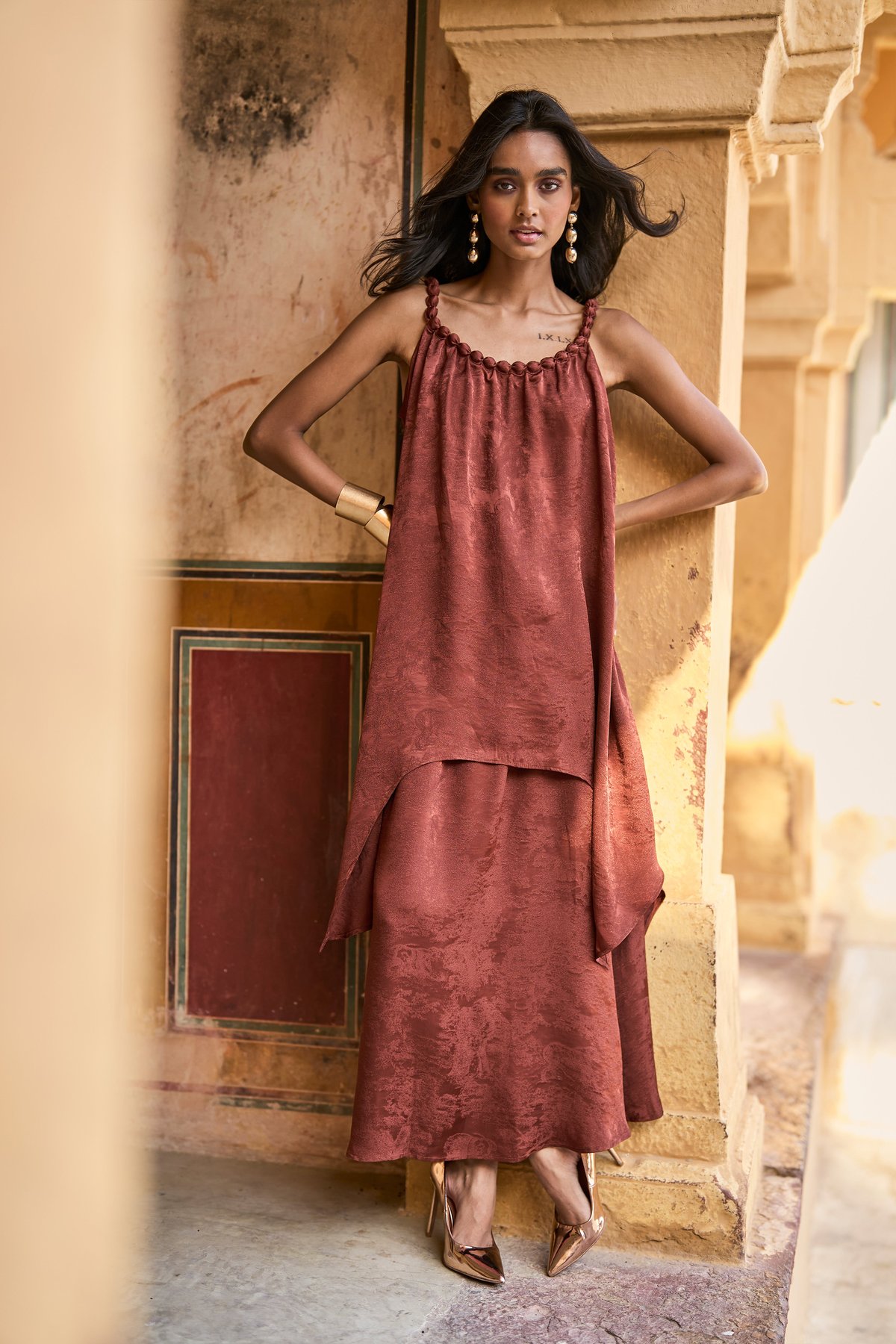 Brown Tonal Jacquard A-Line Maxi Skirt