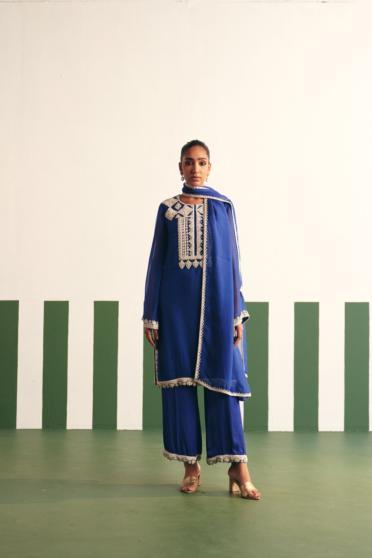 Cobalt Blue Embroidered Kurta Palazzo Set With Dupatta