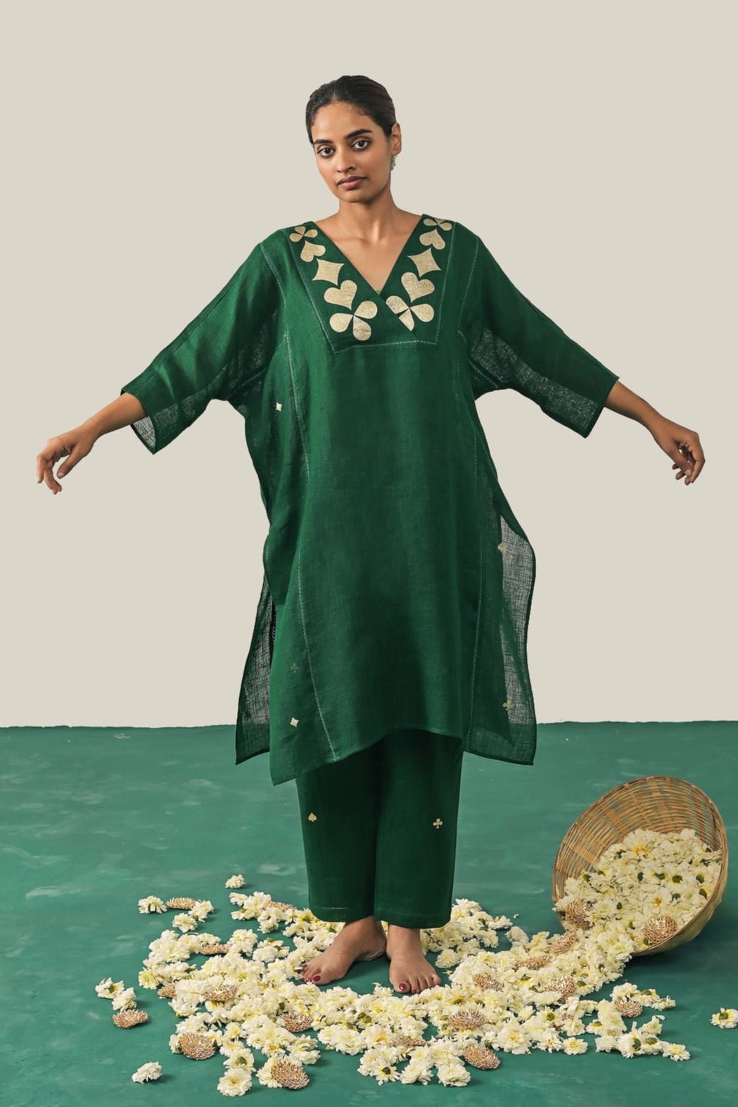 Bottle Green Gauze Linen V-Neck Kurta Set