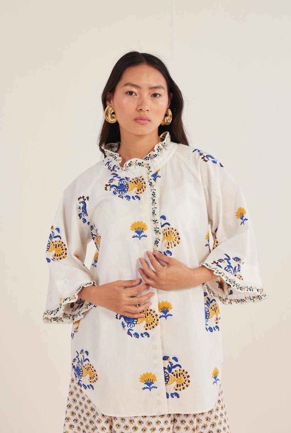 White Oversized Printed Cotton Poplin Shirt with 3/4 Sleeves