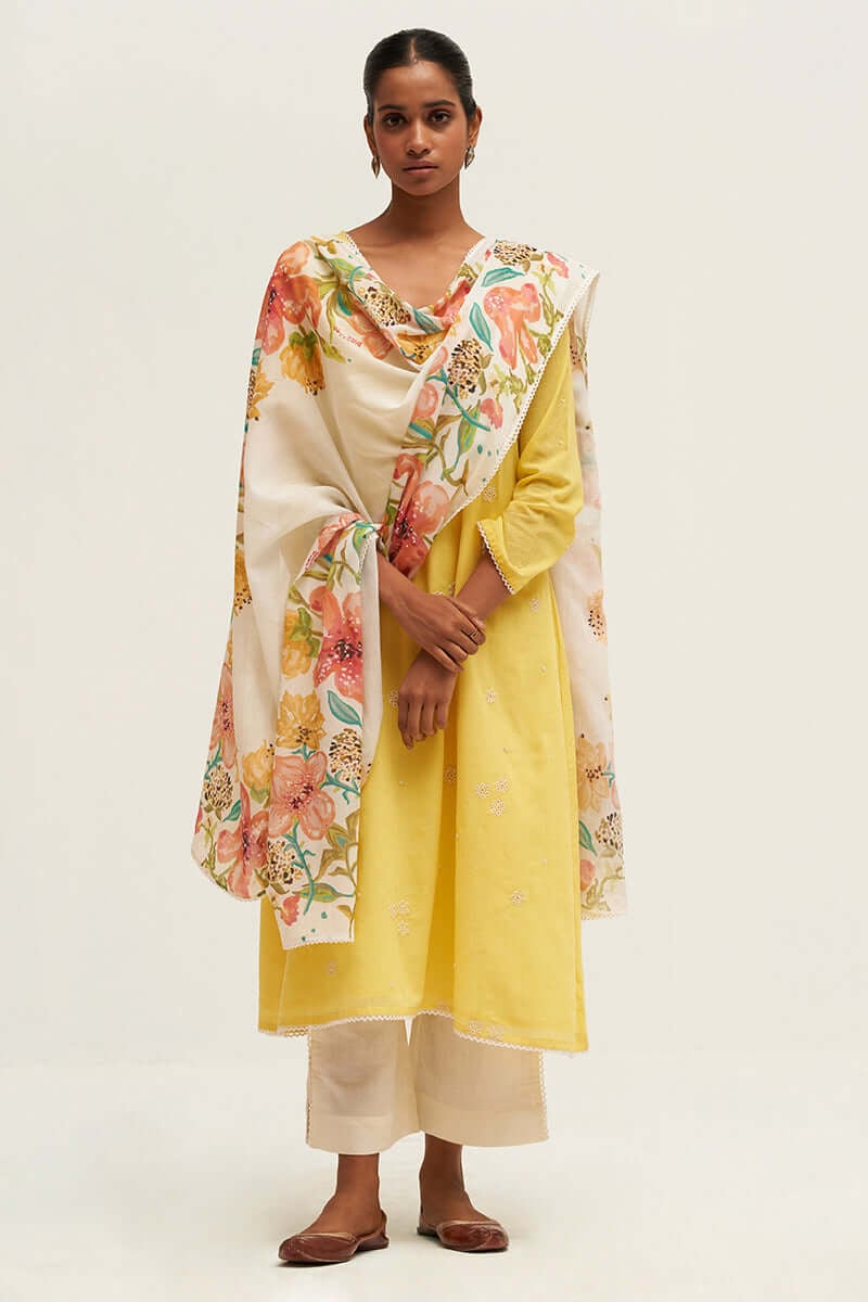 Yellow Embroidered Cotton Salwar Suit Set with Dupatta