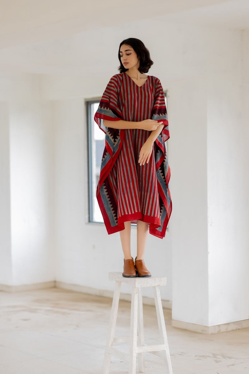 Multicolor Striped Cotton Free Size Kaftan Dress