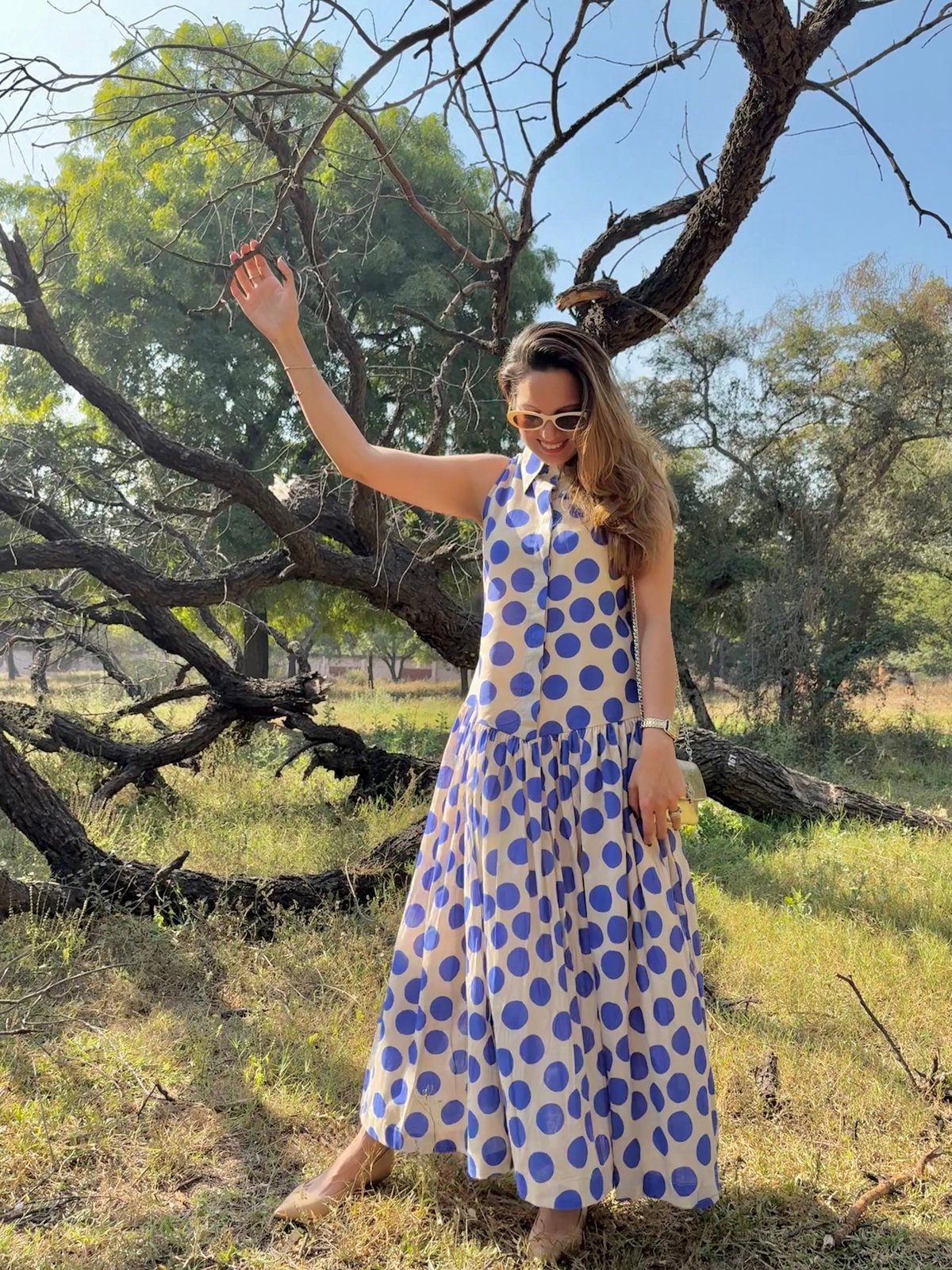 White Cobalt Polka Dot Cotton Maxi Dress