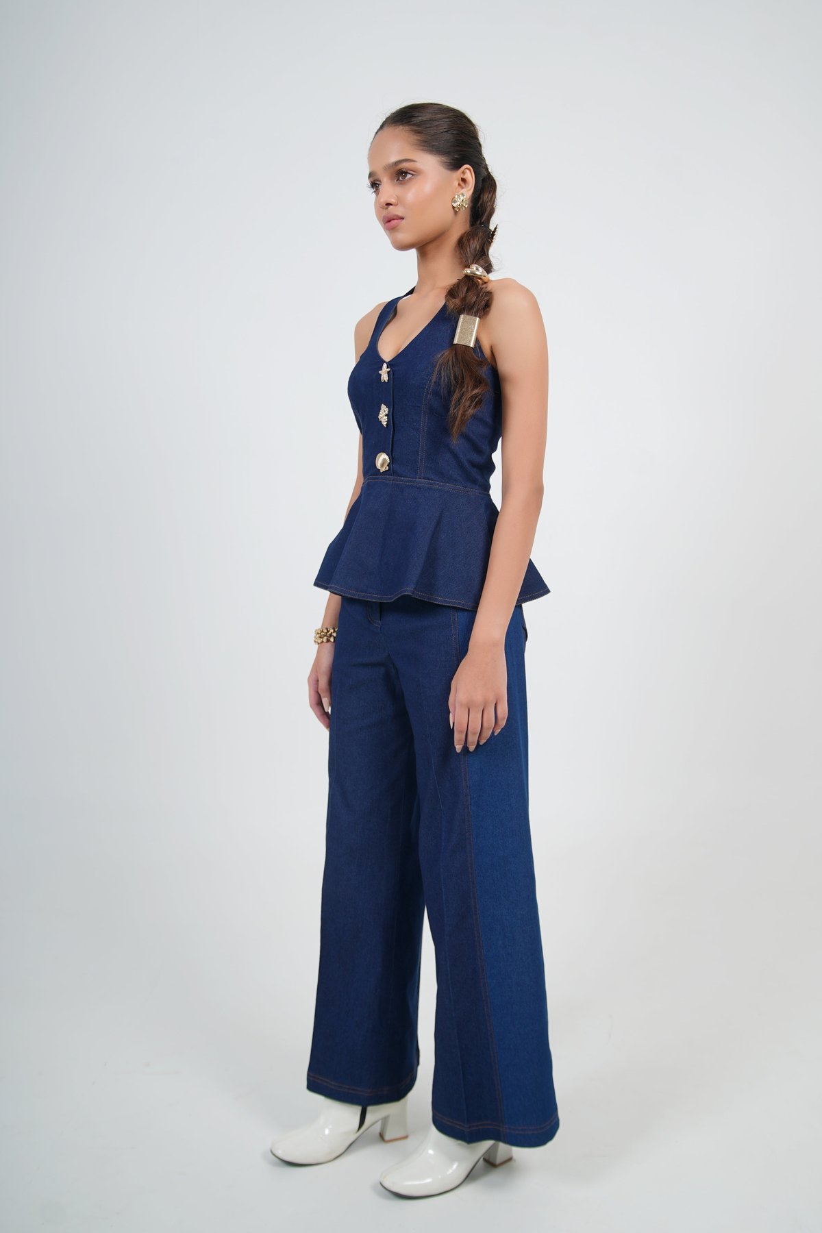 Navy Wide-Leg Denim Trousers with Dual-Tone Panels