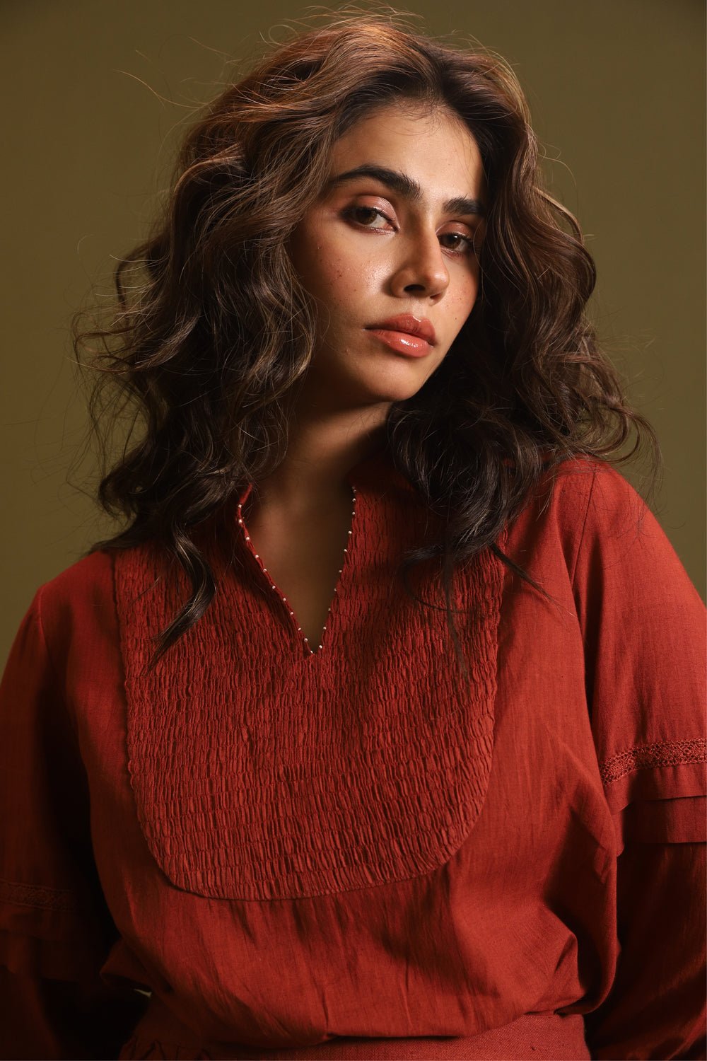 Rust Cotton Top with Textured Yoke and Bishop Sleeves