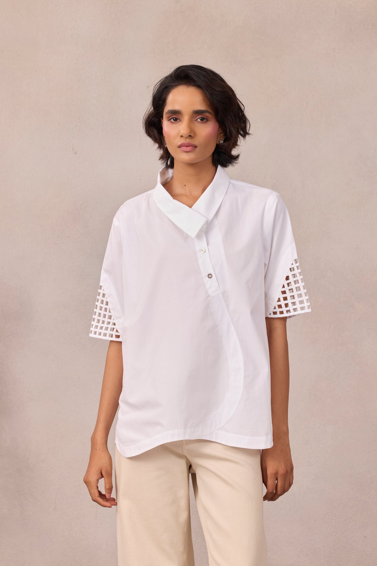 Bright White Poplin Shirt with Geometric Sleeve Cutwork