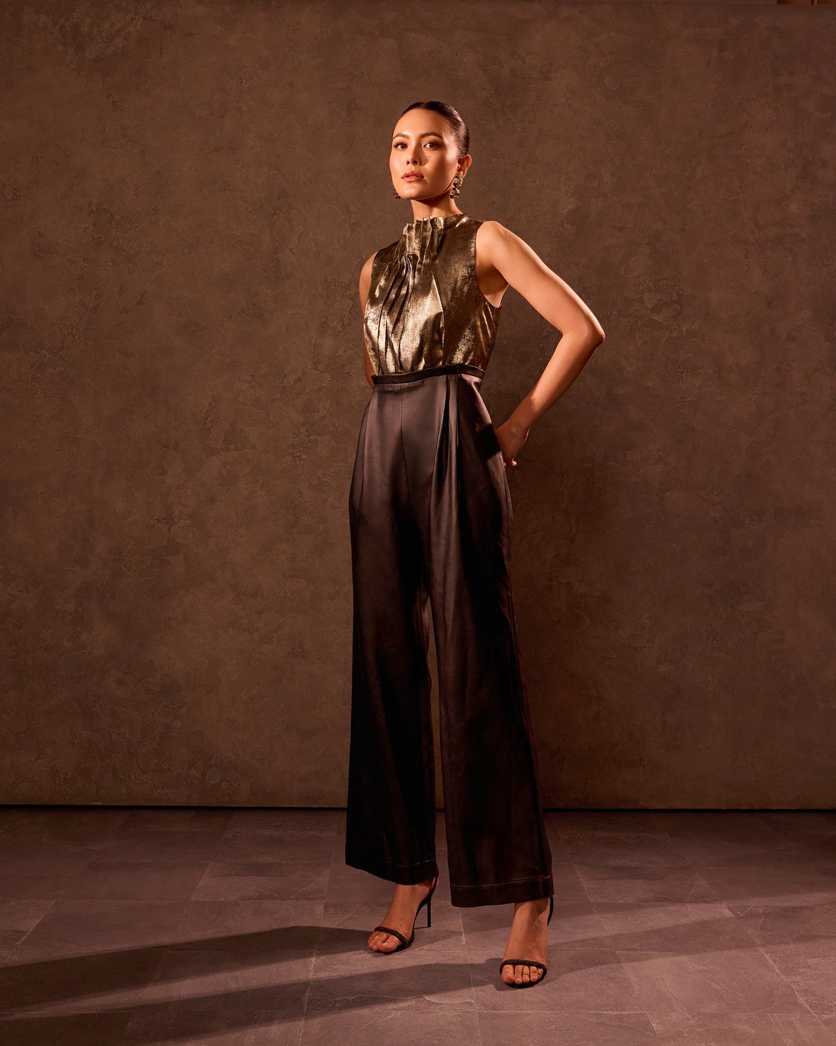 Gold and Black Metallic High Neck Colorblock Jumpsuit