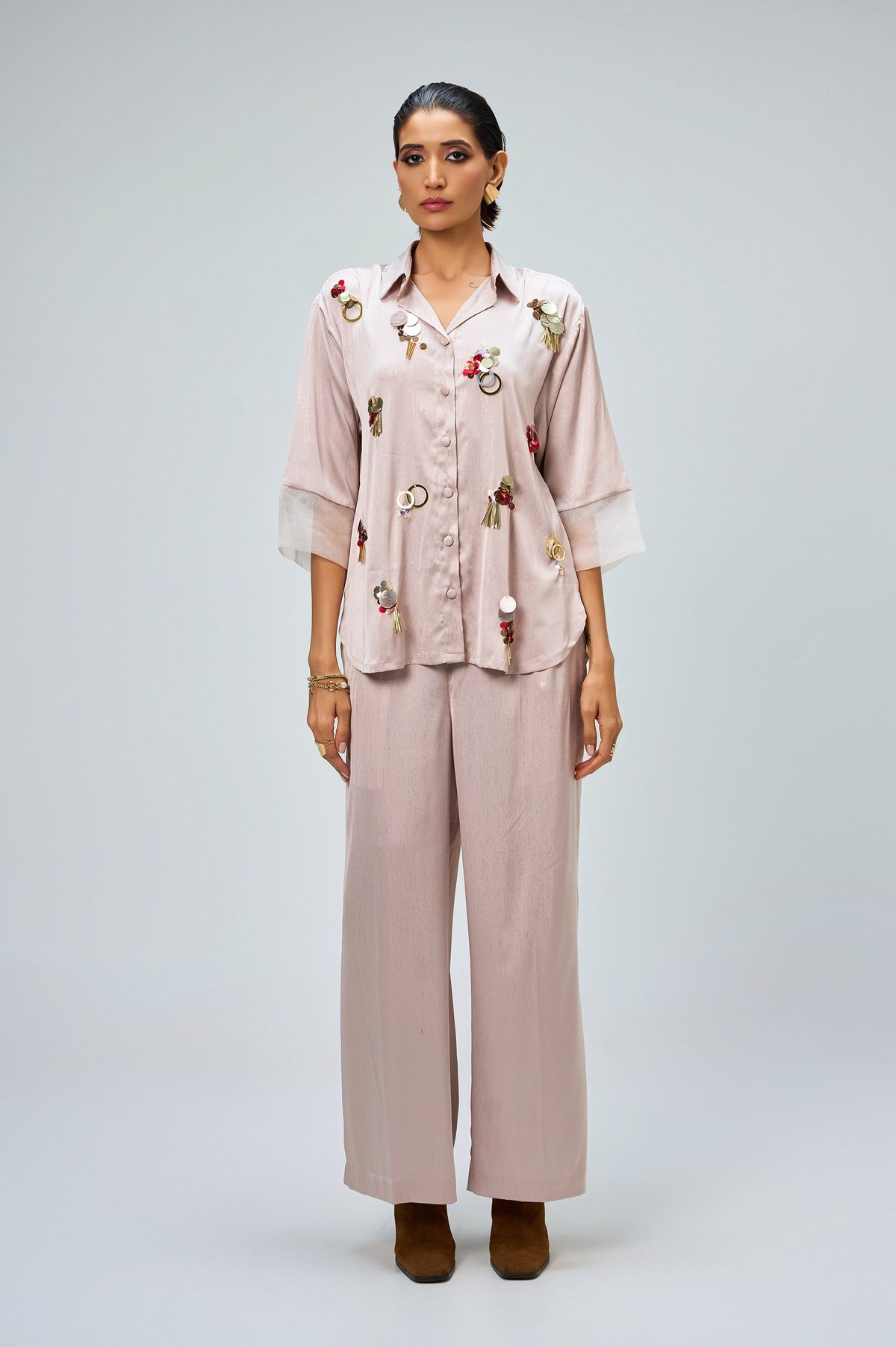 Blush Pink Satin Shirt and Wide-Leg Pants Co-ord Set
