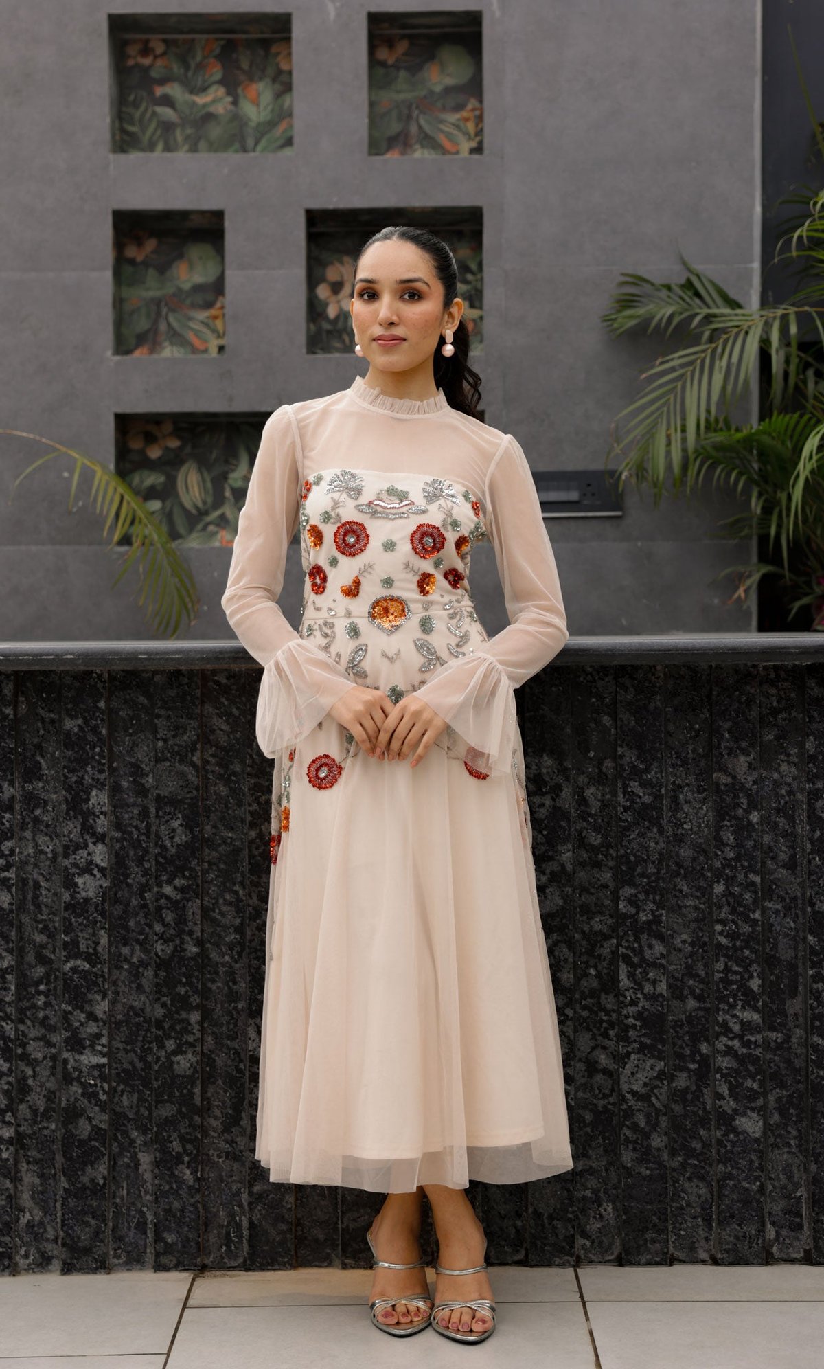 Soft Nude Embroidered Dress