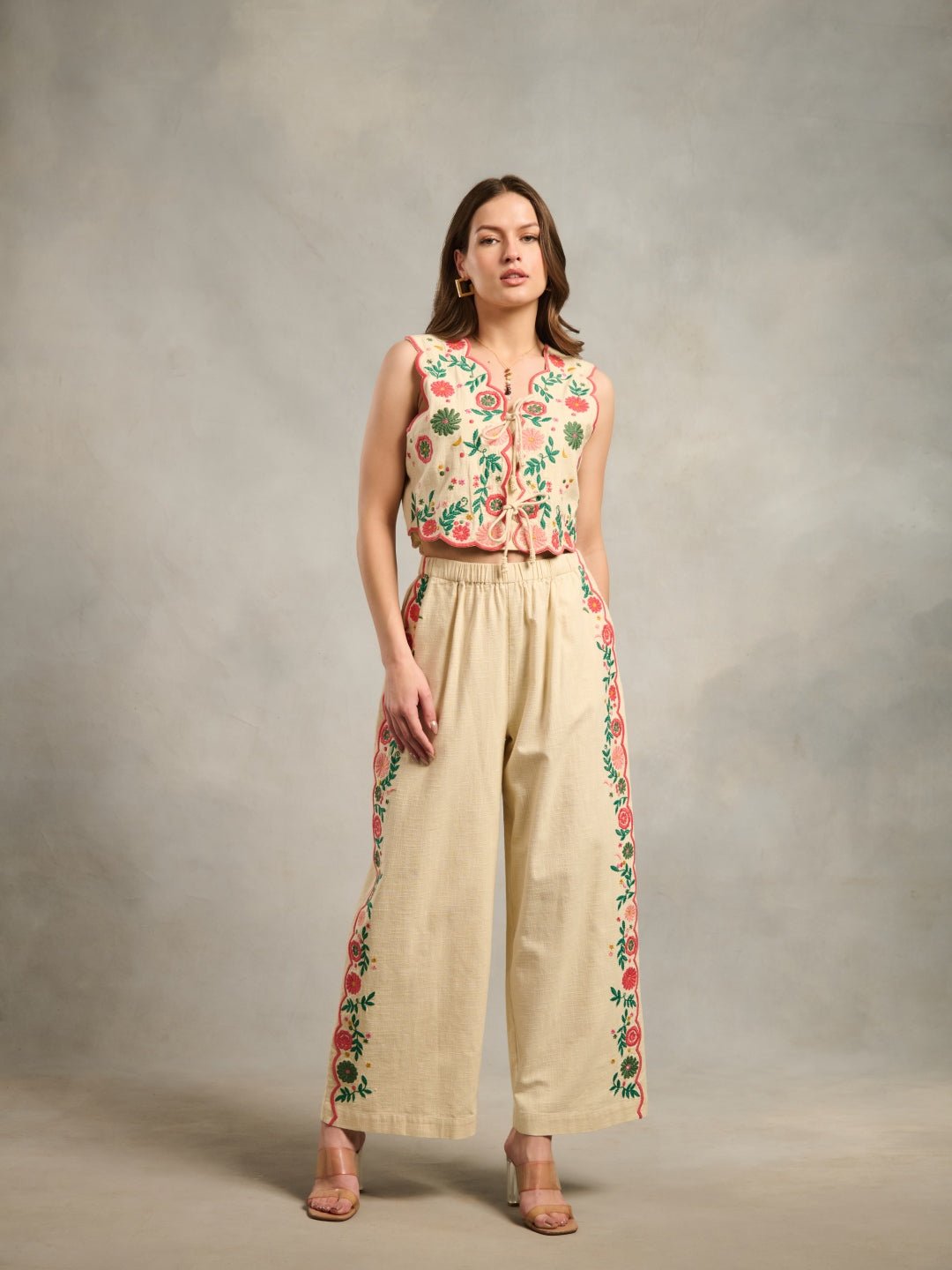 Pink Cotton Wide-Leg Embroidered Pants