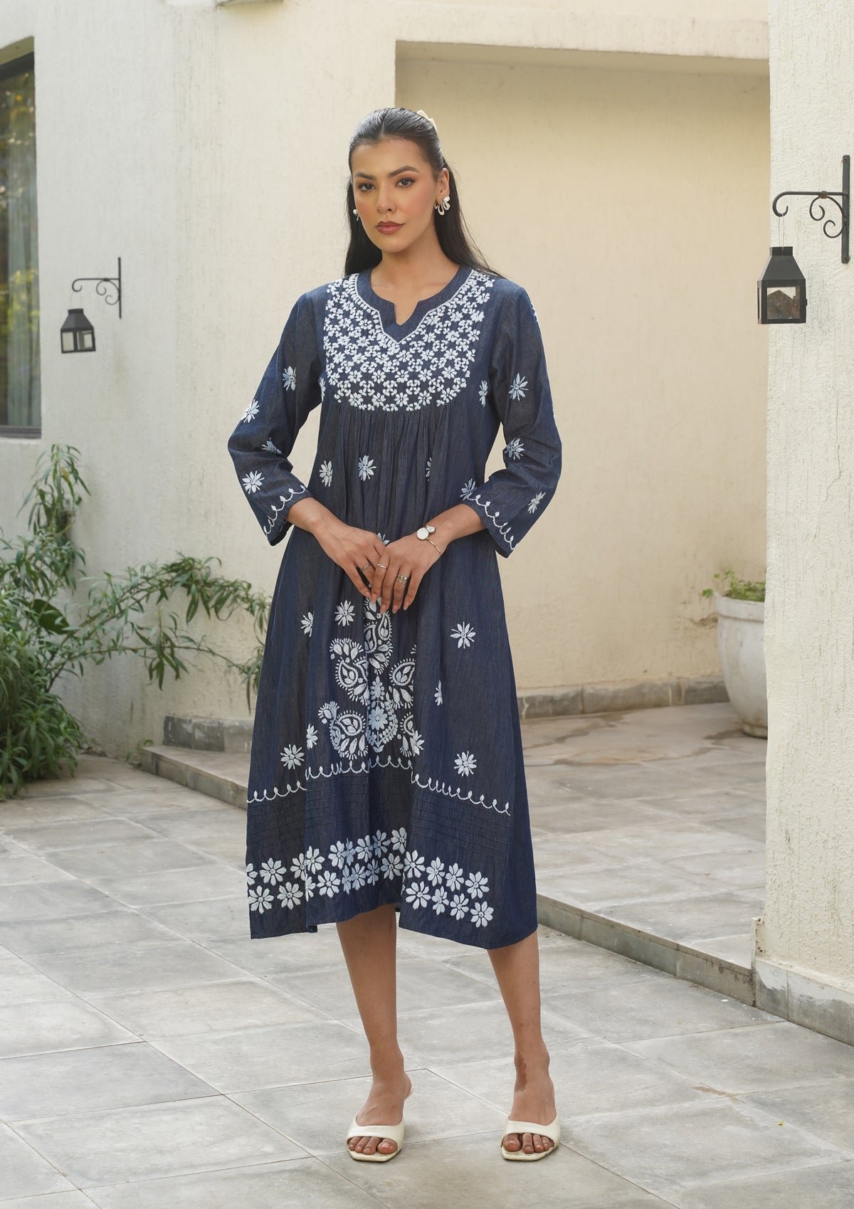 Chikankari Solid A-Line Women Long Dress-Dark Blue