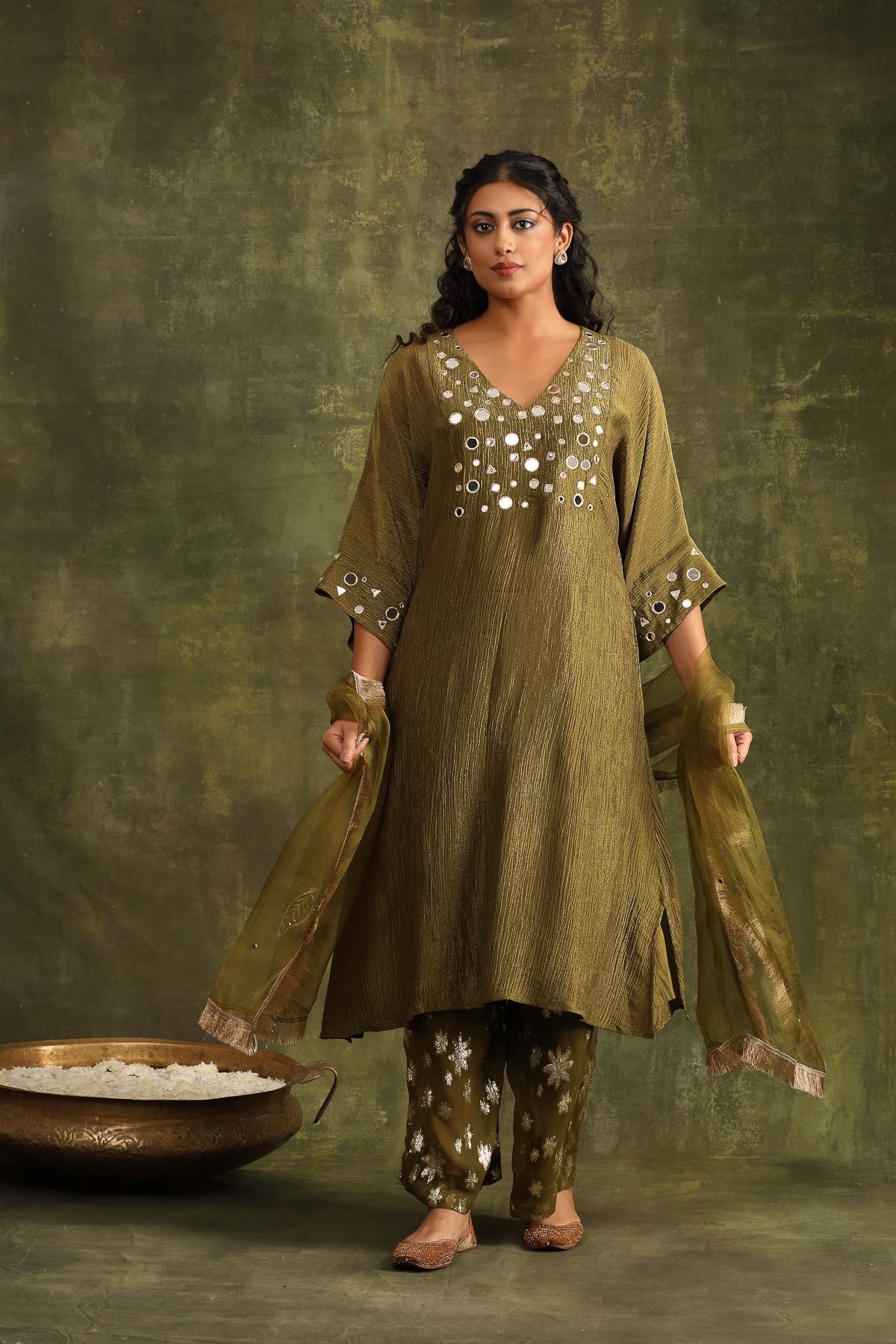 Mehndi Green Silk Tissue Mirror Work Kurta Set