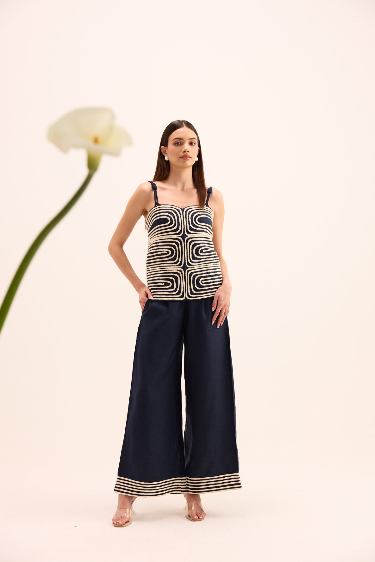 Blue Linen Rope-Detail Top and Wide-Leg Pants Co-ord