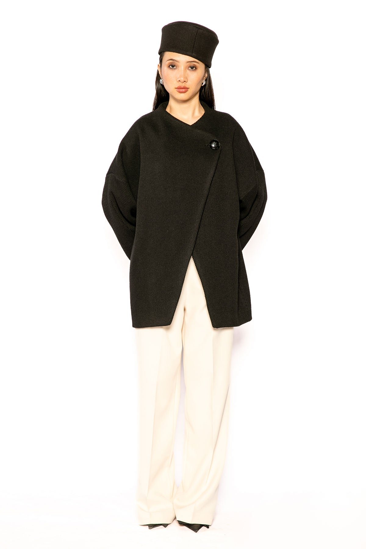 Black Oversized Wrap-Front Jacket with Statement Button