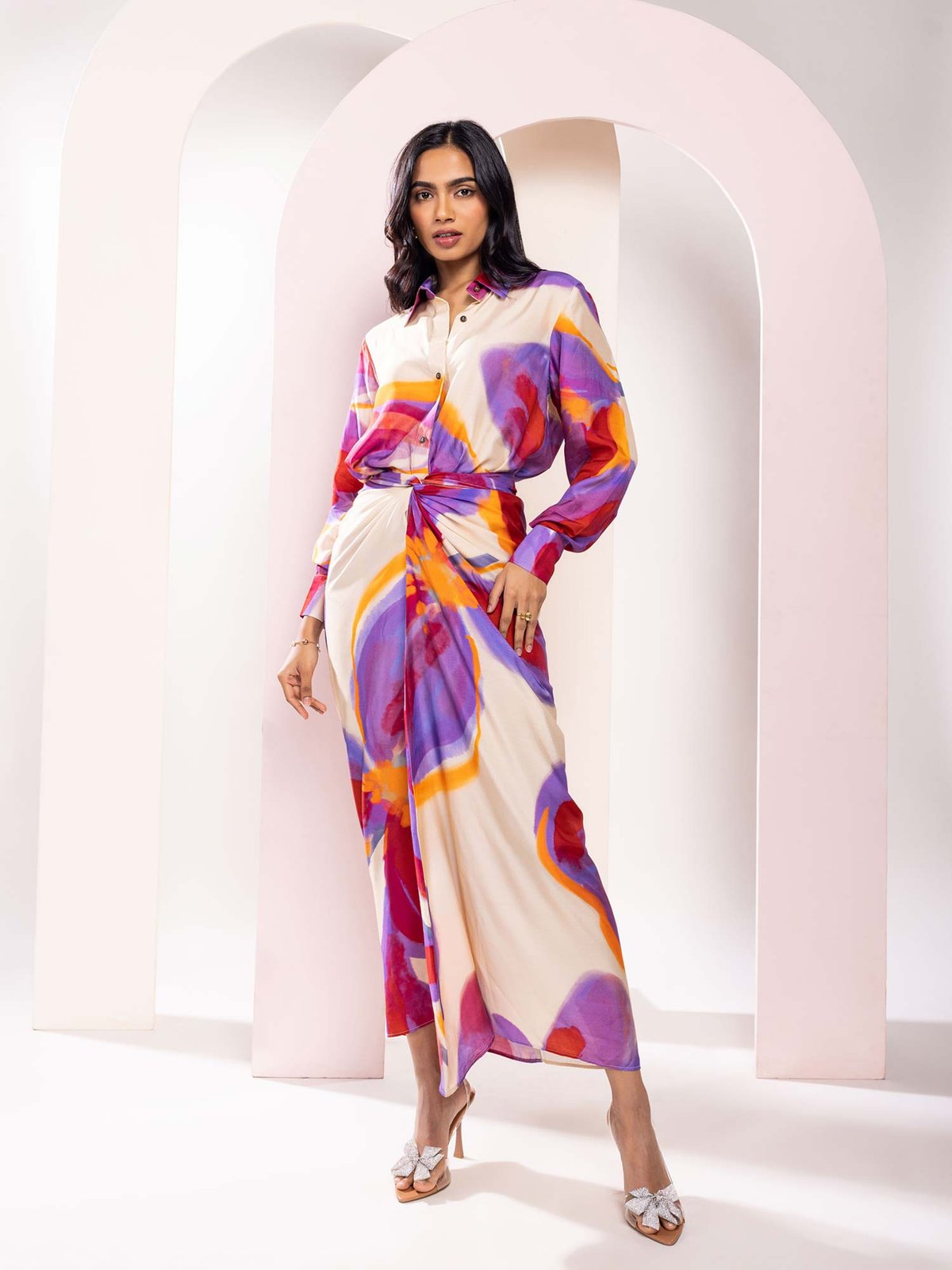 Multicolor Abstract Print Shirt and Wrap Maxi Skirt Set