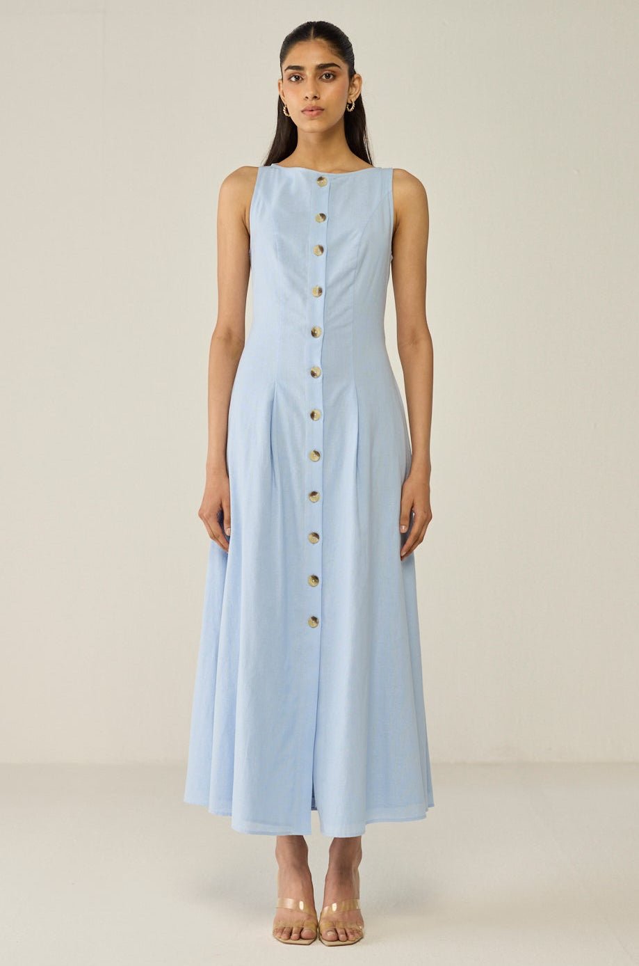 Blue Sleeveless A-line Midi Dress