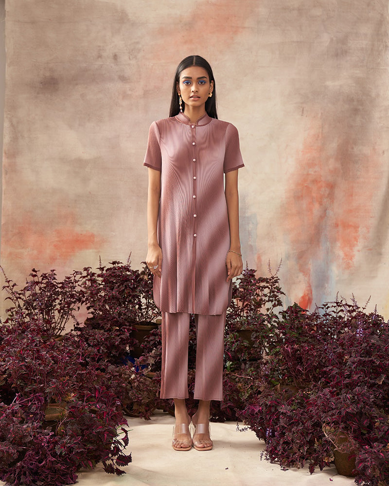 Brown Pleated Tunic and Wide-Leg Pants Co-ord Set