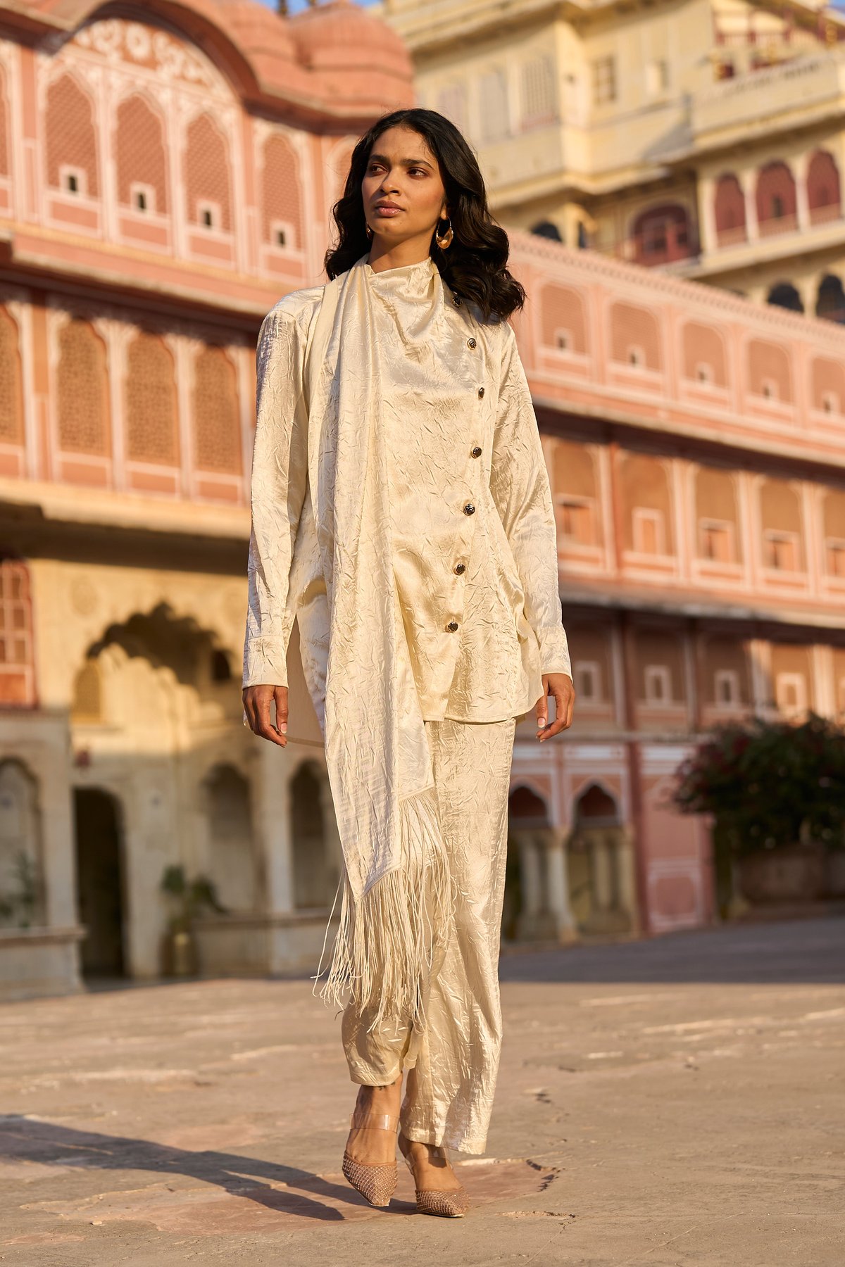 Ivory Crushed Scarf-Drape Shirt with Gold Buttons