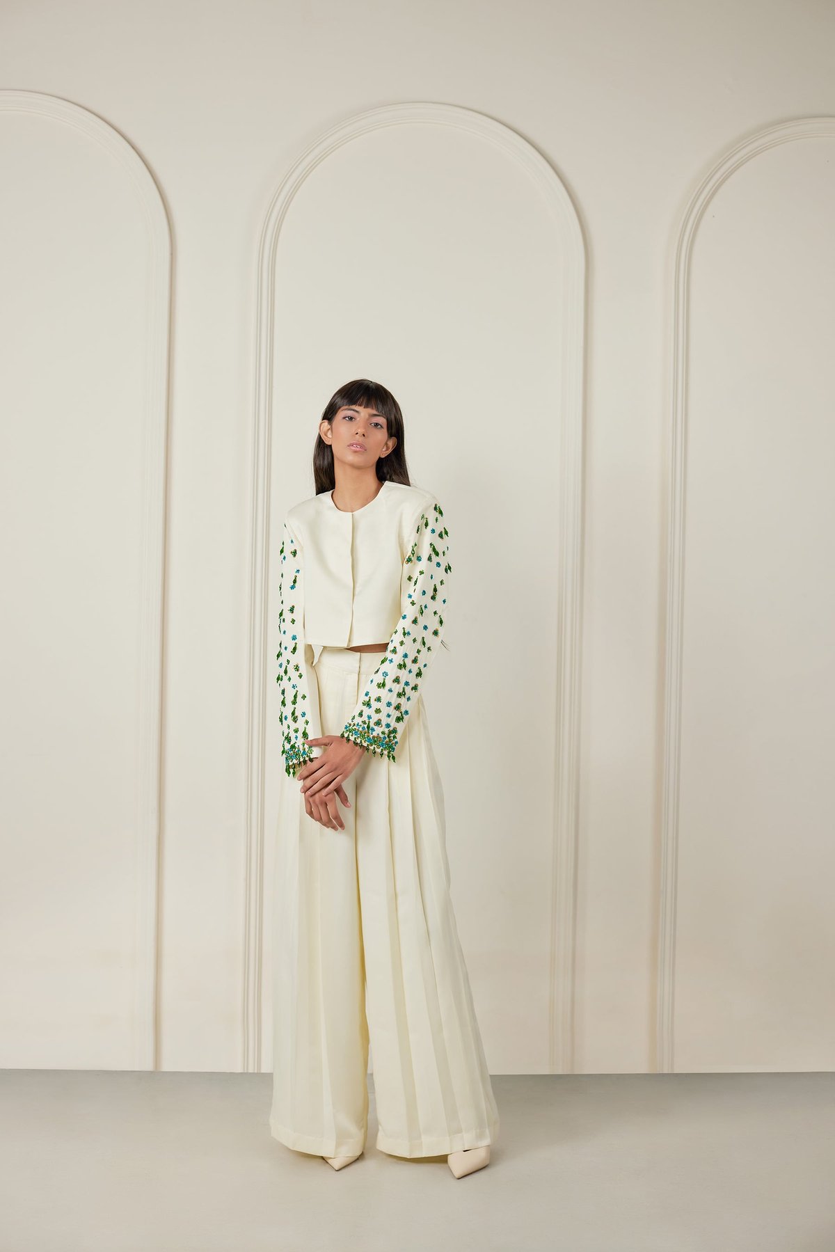 Off-White Satin Embellished Jacket and Pleated Pants Co-ord