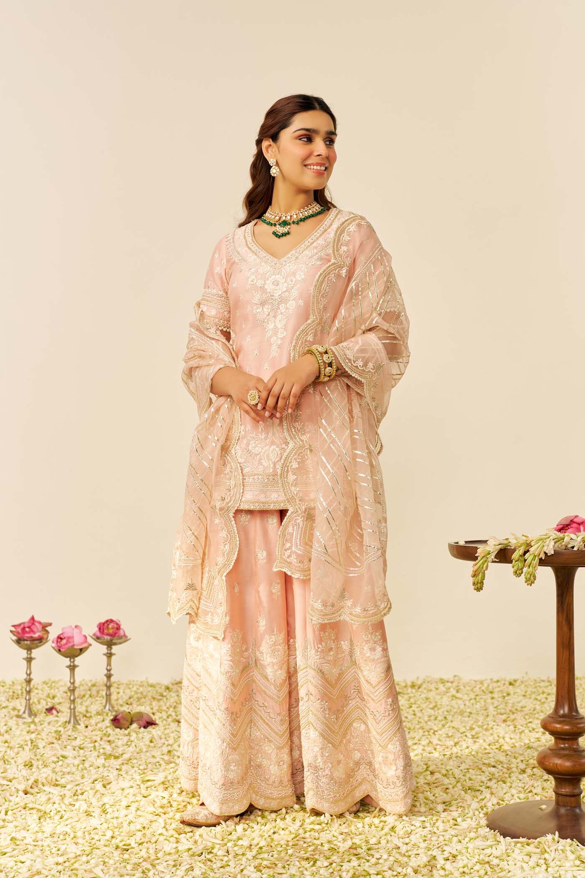Off Rose Chanderi Silk Kurta Sharara Set with Embroidery