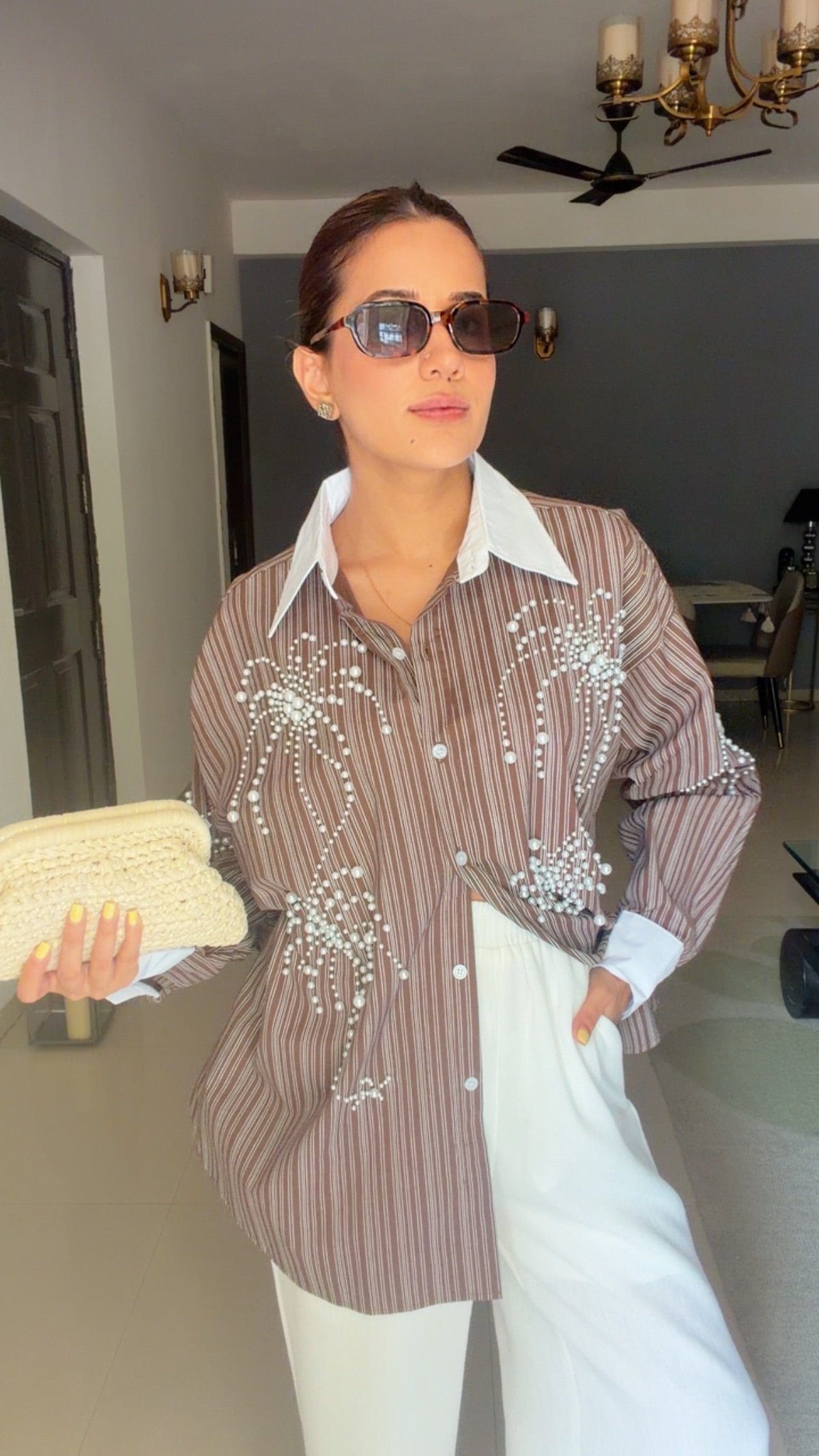 Pinstripe Pearl Detailed Poplin Shirt