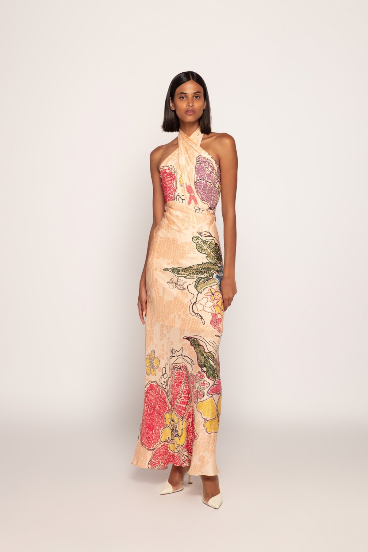 Peach Multi Printed Satin Halter Maxi Dress