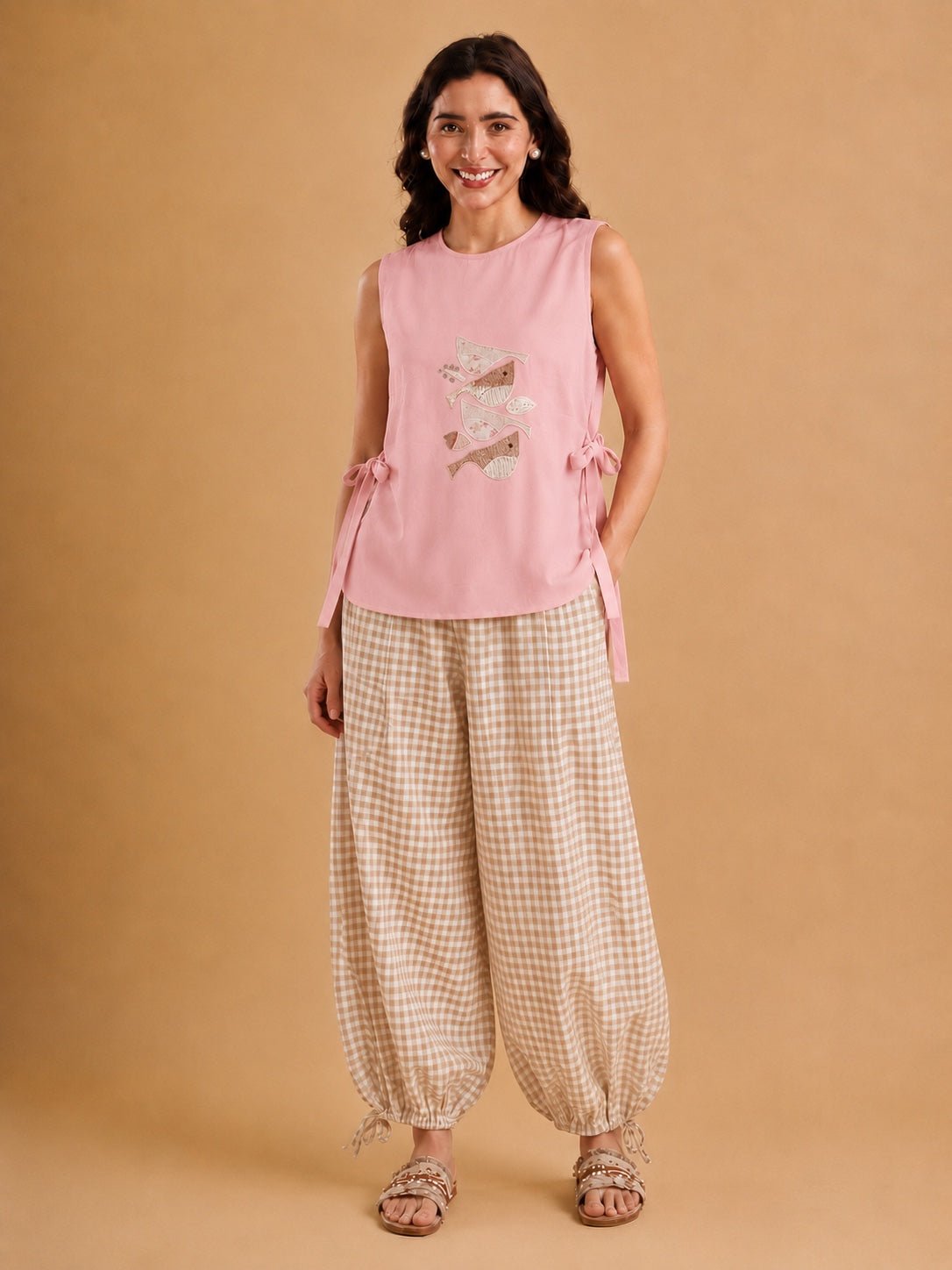 Pink Sleeveless Top and Gingham Pants Co-ord Set