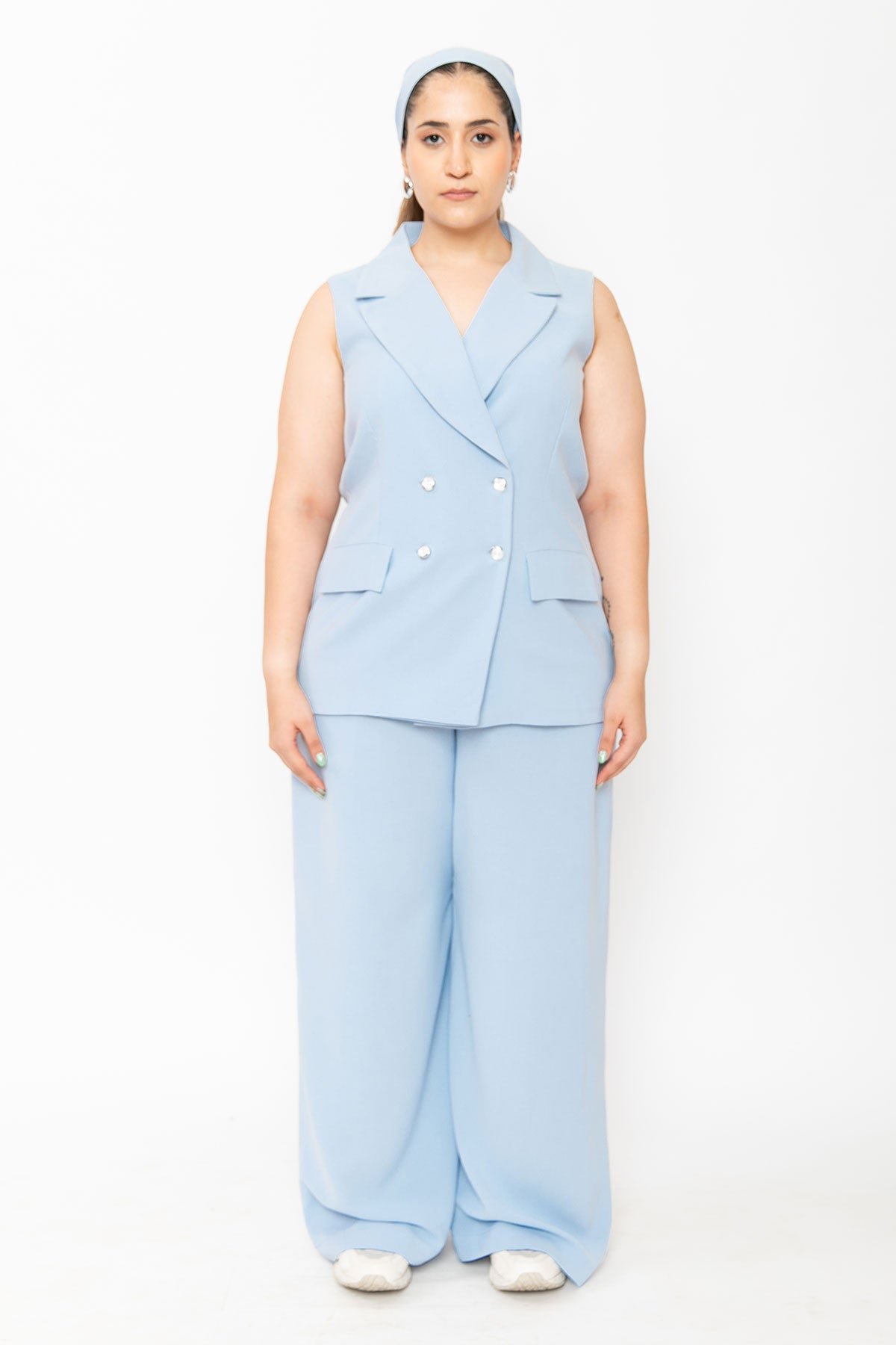 Blue Sleeveless Blazer and Wide-Leg Trouser Co-ord Set