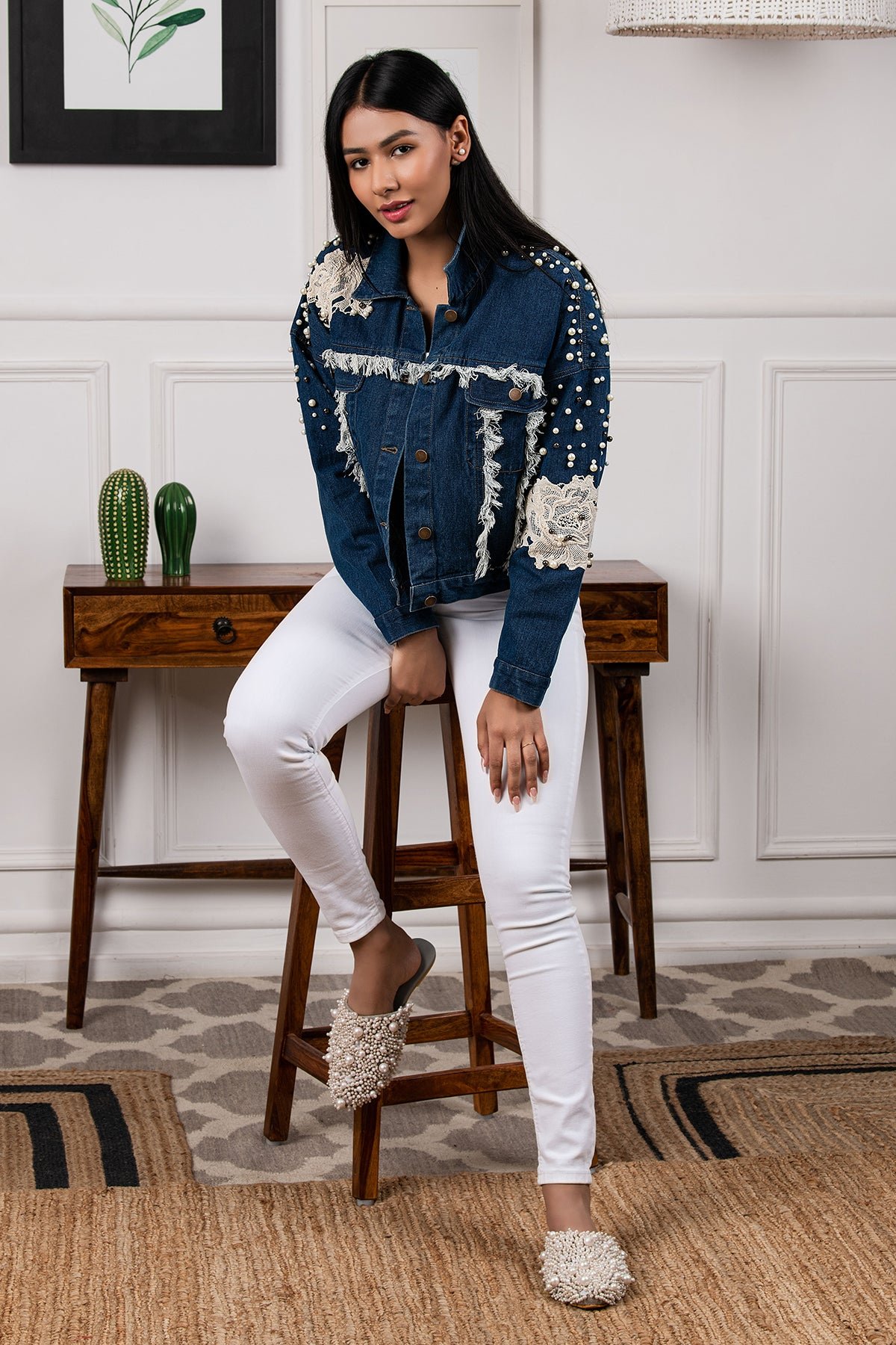 Blue Denim Cropped Jacket with Pearl and Lace Details